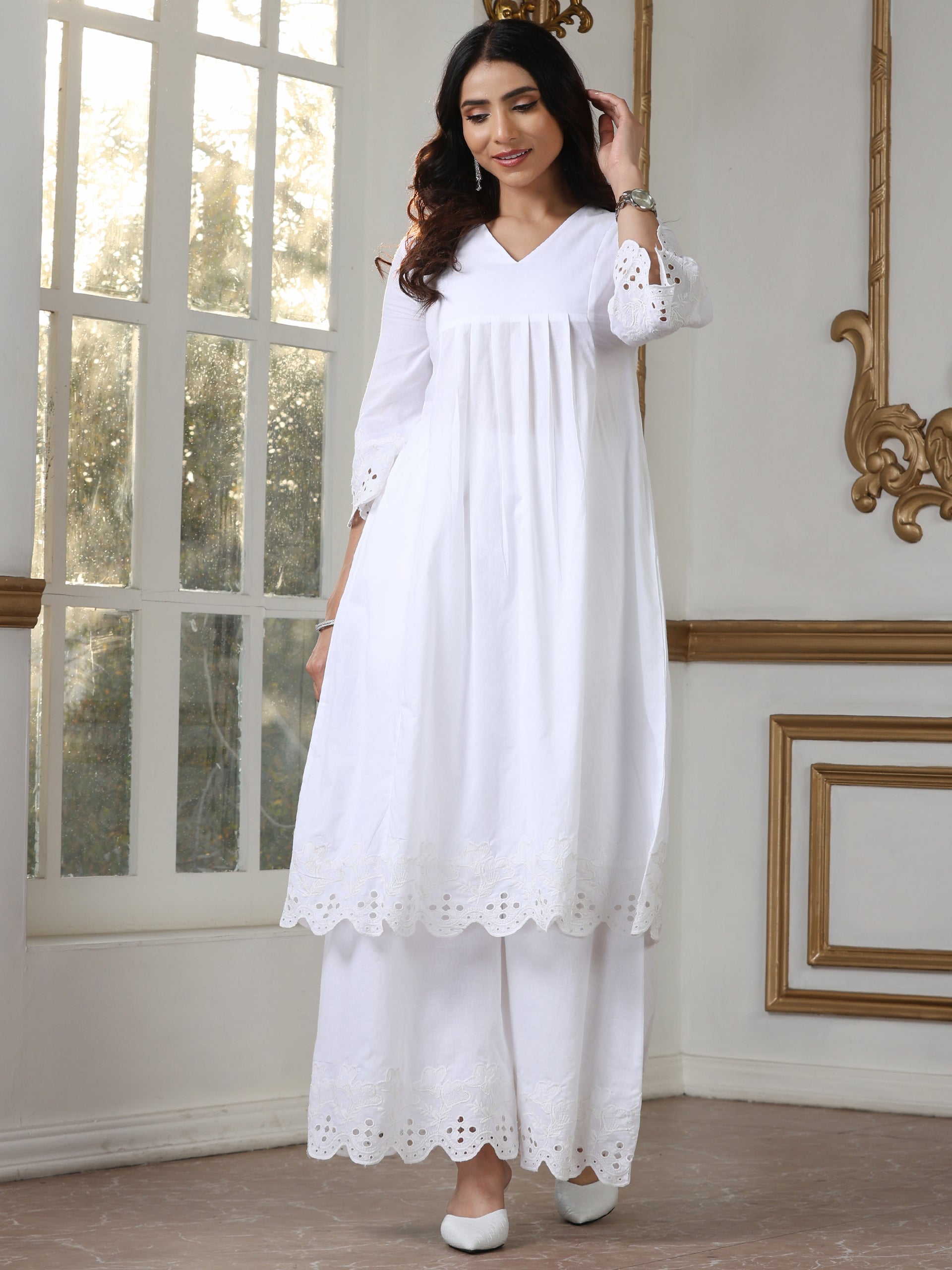 Women’s White Schffli Kurta | 1 Pc, Schiffli Embroidery on Hem & Sleeve,  Work Wear, Casual  Wear (100% Cotton Cambric Extra Soft Breathable Fabric)