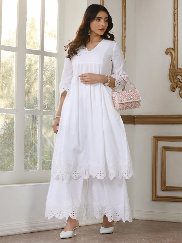 Women’s White Schffli Kurta | 1 Pc, Schiffli Embroidery on Hem & Sleeve,  Work Wear, Casual  Wear (100% Cotton Cambric Extra Soft Breathable Fabric)