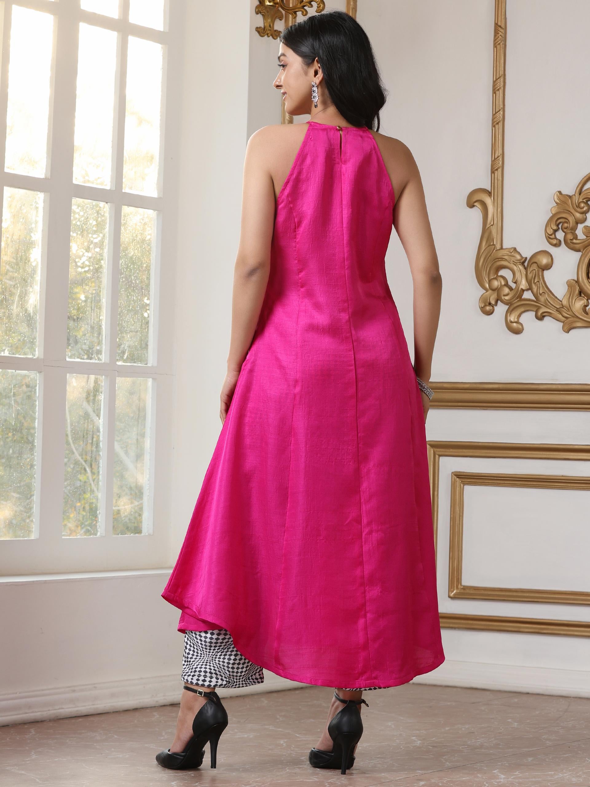 Women’s Fuchsia Suit Set with Printed Pant | 2 Pc Set, Halter Neck, Sleeveless, Festive Party Wear (PRF'T Lux Duchess Satin Fabric with Butter Chiffon Pant)