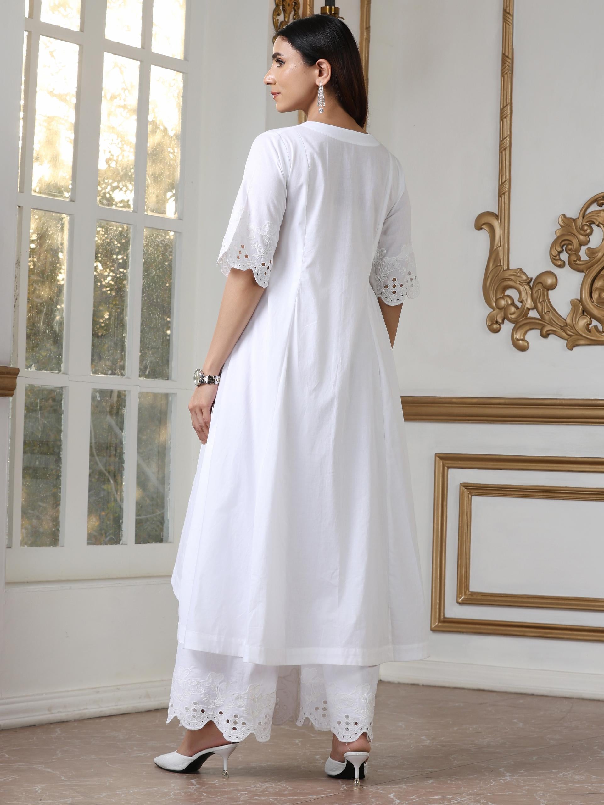 Women’s White Hi-Low Suit Set with Palazzo | 2 Pc Set, Cotton Cambric Fabric, Schiffli Embroidery on Hem & Sleeve, Half Sleeves, Casual , Festive Party Wear