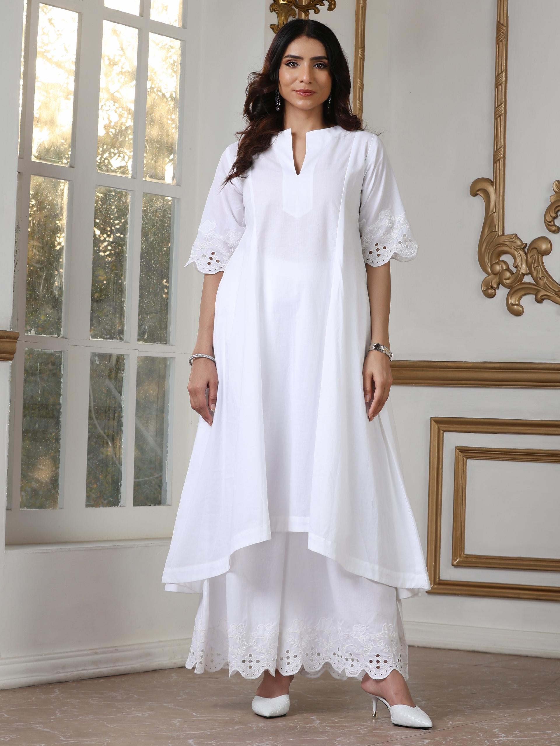 Women’s White Hi-Low Suit Set with Palazzo | 2 Pc Set, Cotton Cambric Fabric, Schiffli Embroidery on Hem & Sleeve, Half Sleeves, Casual , Festive Party Wear