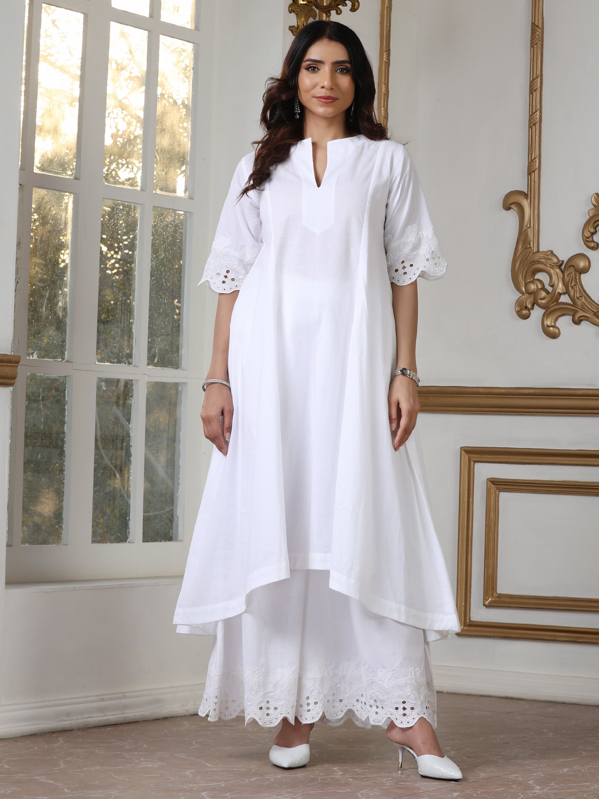 Women’s White Hi Low Kurta | 1 Pc, Schiffli Swiss Embroidery on Sleeve,  Work Wear, Casual Wear (100% Cotton Cambric Extra Soft Breathable Fabric)