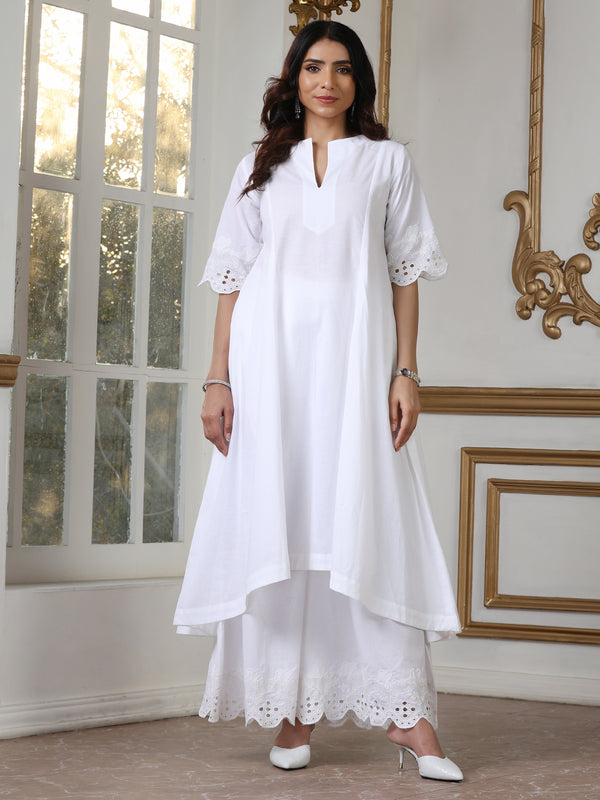 Women’s White Hi Low Kurta | 1 Pc, Schiffli Swiss Embroidery on Sleeve,  Work Wear, Casual Wear (100% Cotton Cambric Extra Soft Breathable Fabric)