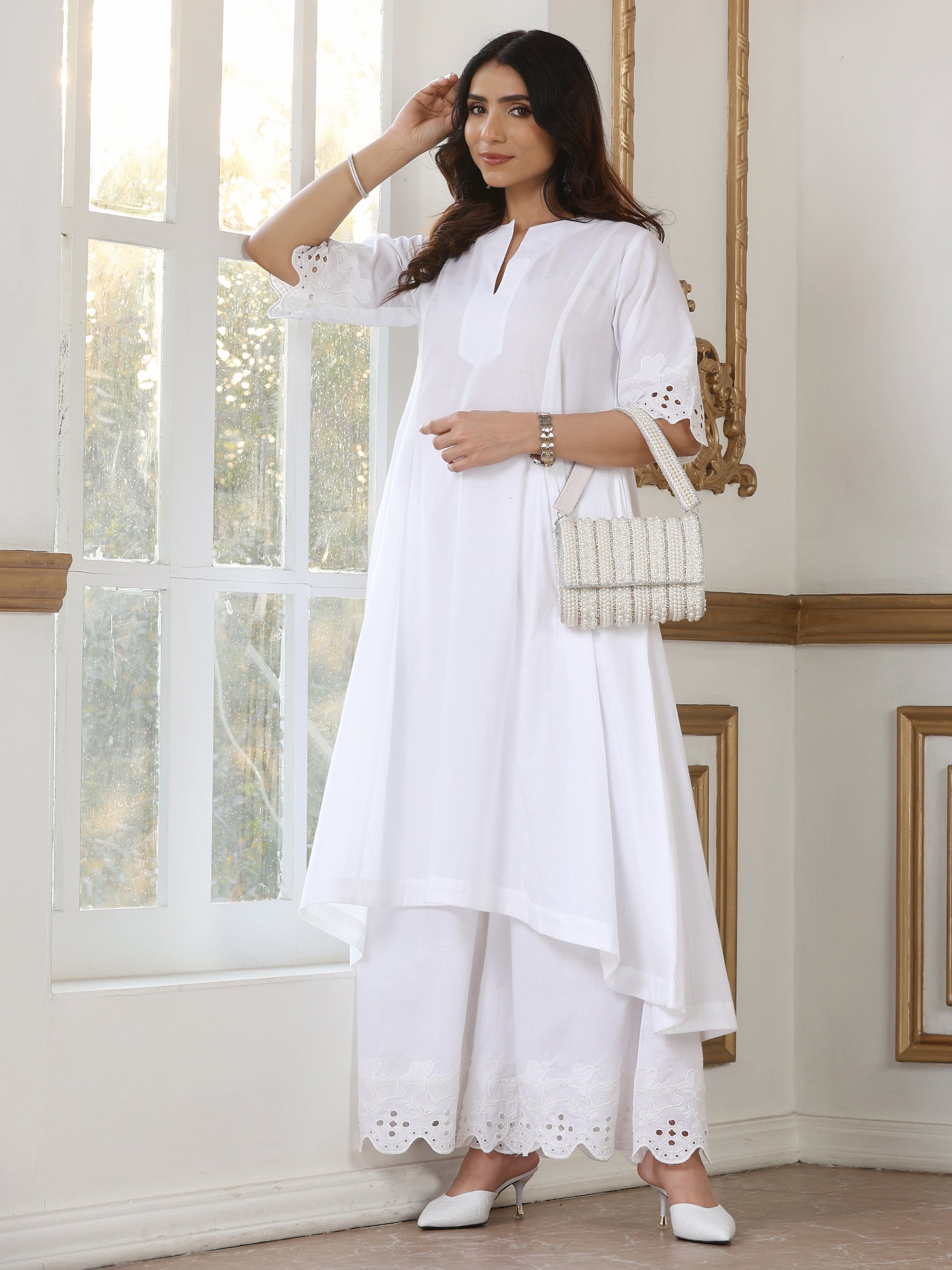 Women’s White Hi-Low Suit Set with Palazzo | 2 Pc Set, Cotton Cambric Fabric, Schiffli Embroidery on Hem & Sleeve, Half Sleeves, Casual , Festive Party Wear