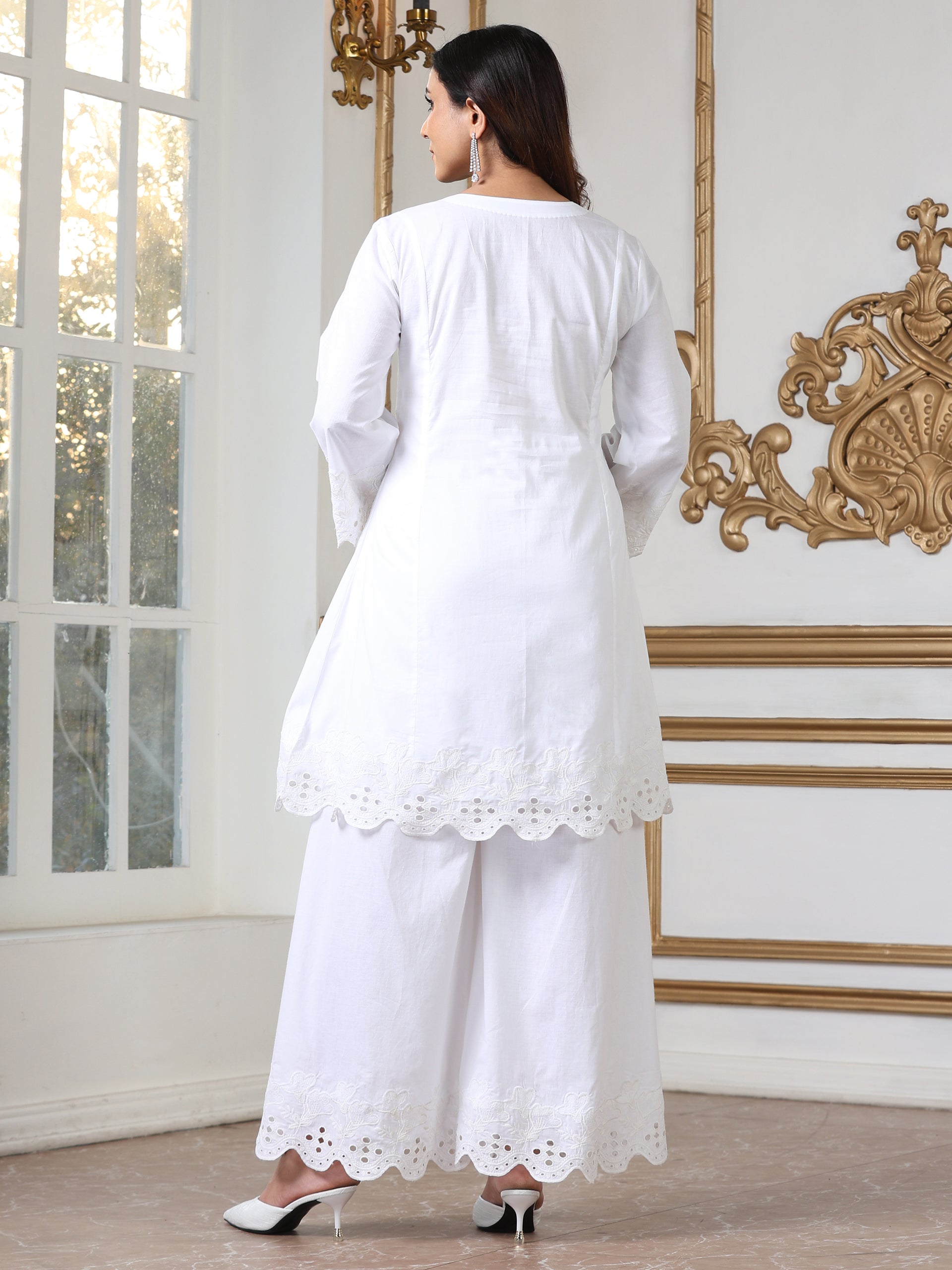 Women’s White Schffli Short Kurta | 1 Pc, Schiffli Swiss Embroidery on Sleeve and Bottom,  Work Wear, Casual Wear (100% Cotton Cambric Extra Soft Breathable Fabric)
