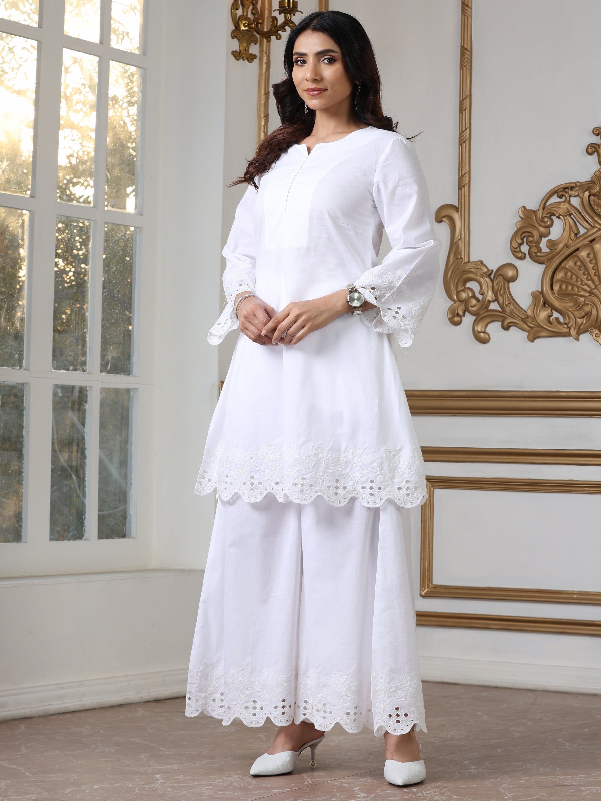Women’s White Schffli Short Kurta | 1 Pc, Schiffli Swiss Embroidery on Sleeve and Bottom,  Work Wear, Casual Wear (100% Cotton Cambric Extra Soft Breathable Fabric)