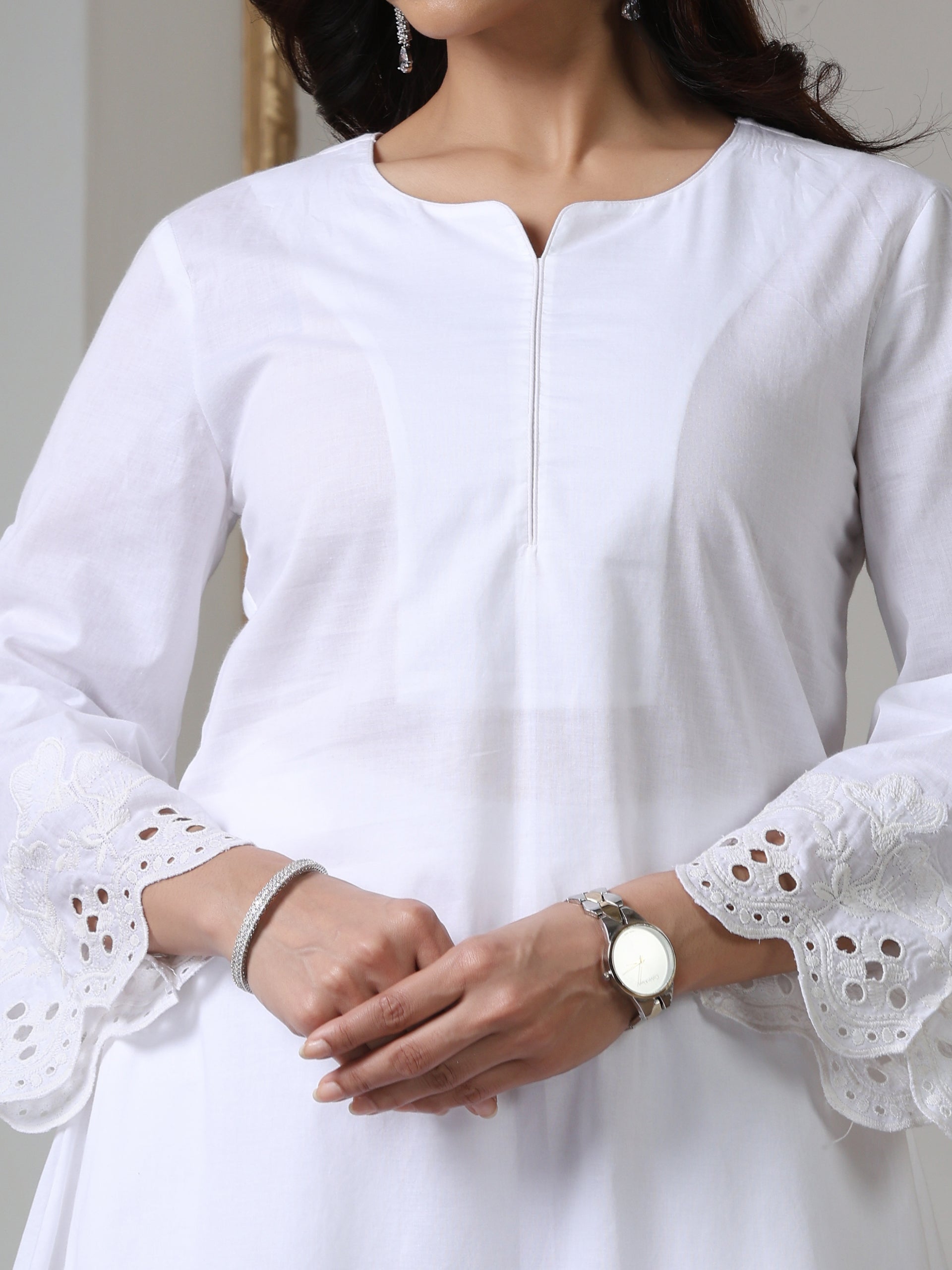 Women’s White Schffli Short Kurta | 1 Pc, Schiffli Swiss Embroidery on Sleeve and Bottom,  Work Wear, Casual Wear (100% Cotton Cambric Extra Soft Breathable Fabric)