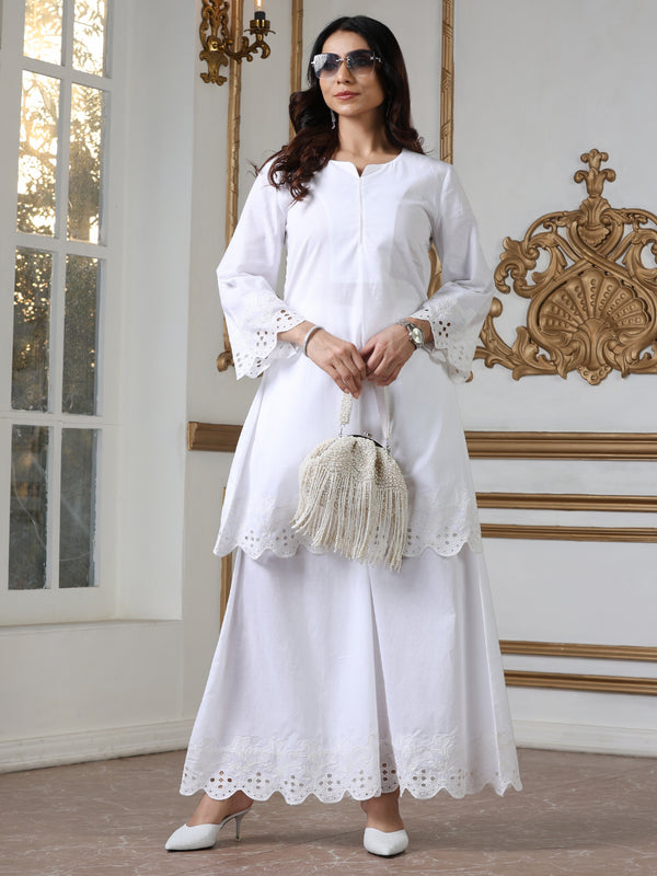 Women’s White Schffli Short Kurta | 1 Pc, Schiffli Swiss Embroidery on Sleeve and Bottom,  Work Wear, Casual Wear (100% Cotton Cambric Extra Soft Breathable Fabric)