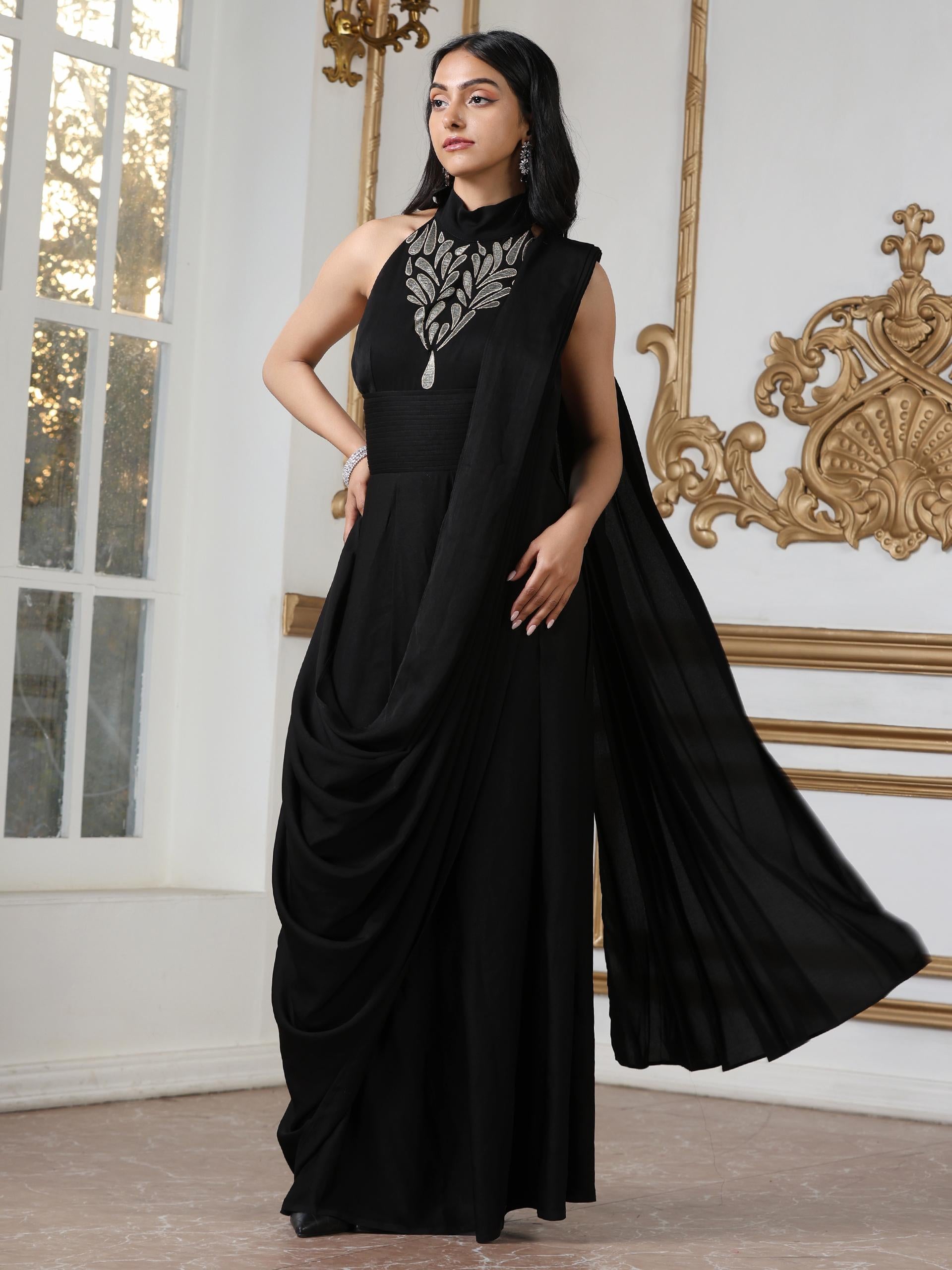 Women’s Black Embroidered Dress Saree | 1 Pc, Korean Fabric, Adjustable Straps, Festive Party Wear
