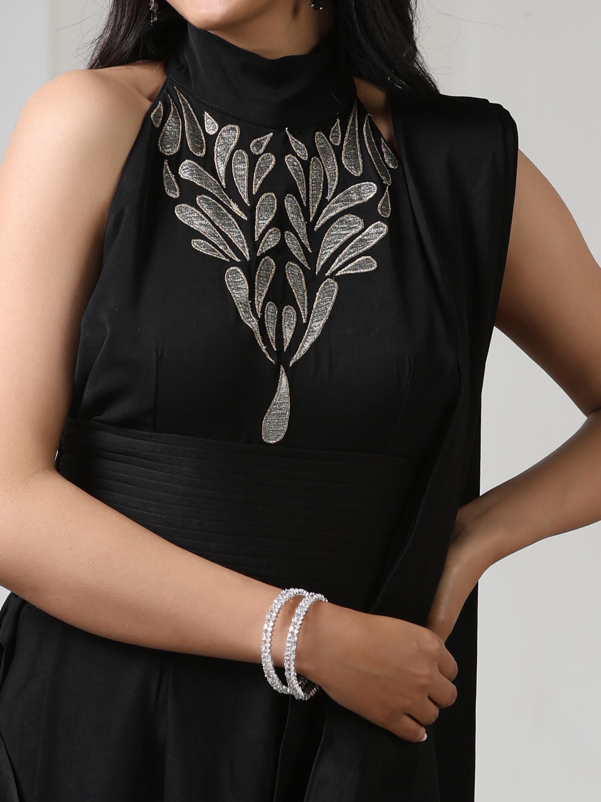 Women’s Black Embroidered Dress Saree | 1 Pc, Korean Fabric, Adjustable Straps, Festive Party Wear