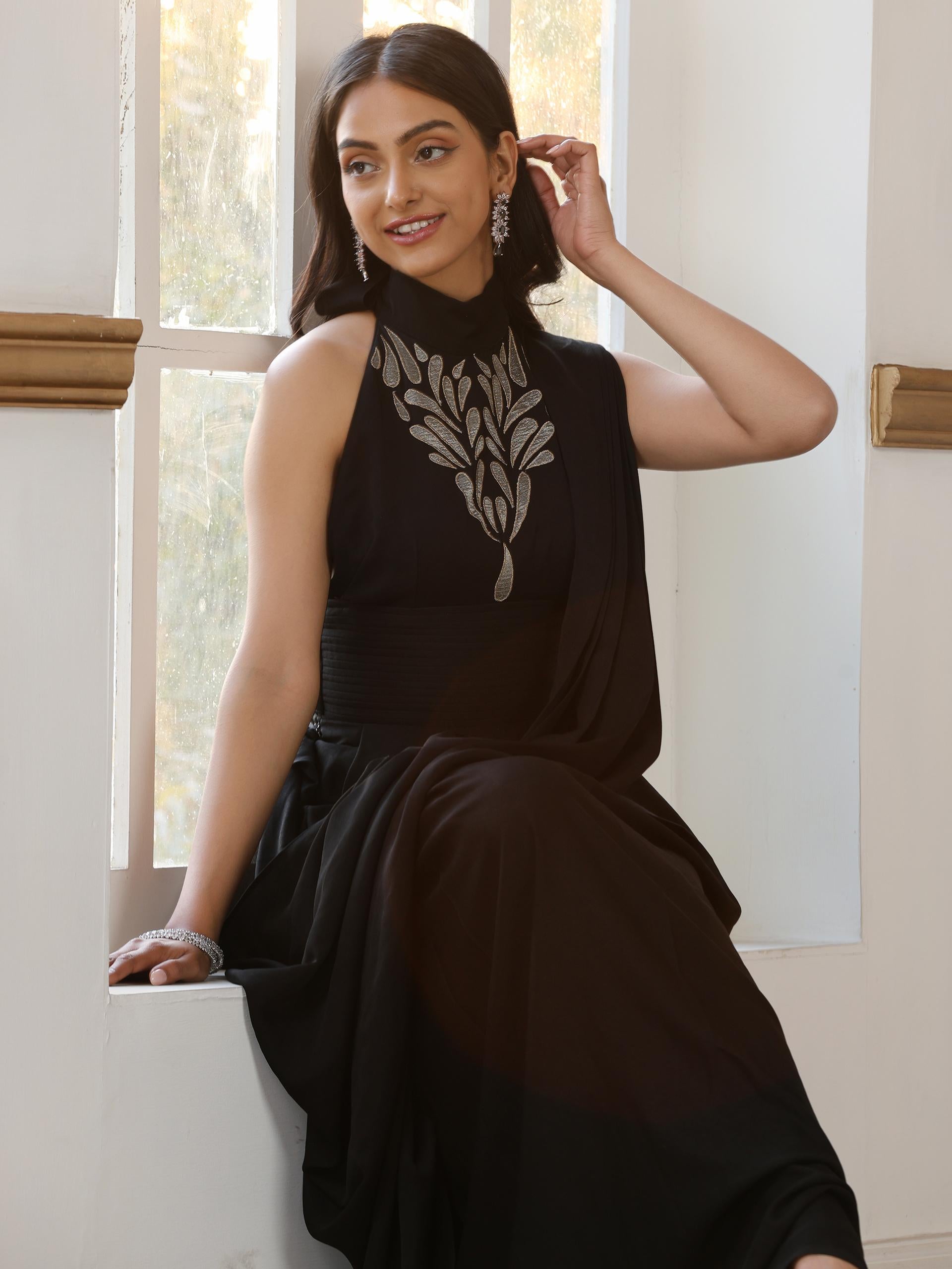 Women’s Black Embroidered Dress Saree | 1 Pc, Korean Fabric, Adjustable Straps, Festive Party Wear
