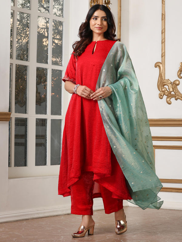 Women’s Red Hi-Low Metallic Satin Suit Set with Pant | 2 Pc Set, Crushed Satin Fabric, Embroidered Detailing, Half Sleeves, Festive Party Wear