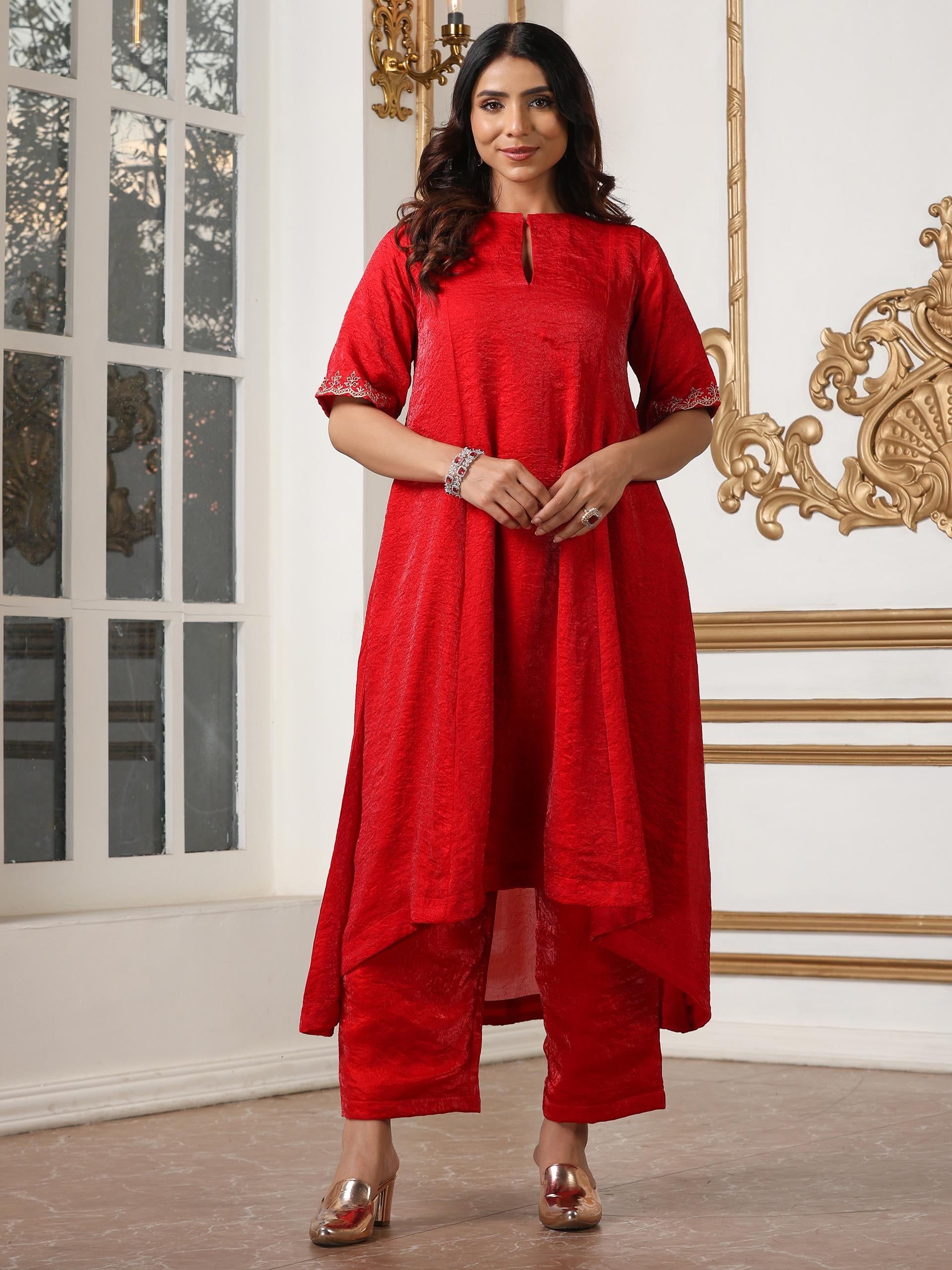Women’s Red Hi-Low Metallic Satin Suit Set with Pant | 2 Pc Set, Crushed Satin Fabric, Embroidered Detailing, Half Sleeves, Festive Party Wear