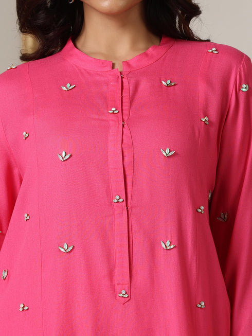 Women’s Pink Beaded Suit Set with Pant | 2 Pc Set, Paneled Design, Beaded Detailing, 3/4th Sleeves, Festive Party Wear (Viscose Breathable Soft Natural Fabric)