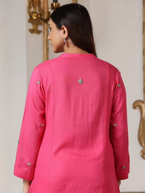 Women’s Pink Beaded Suit Set with Pant | 2 Pc Set, Paneled Design, Beaded Detailing, 3/4th Sleeves, Festive Party Wear (Viscose Breathable Soft Natural Fabric)