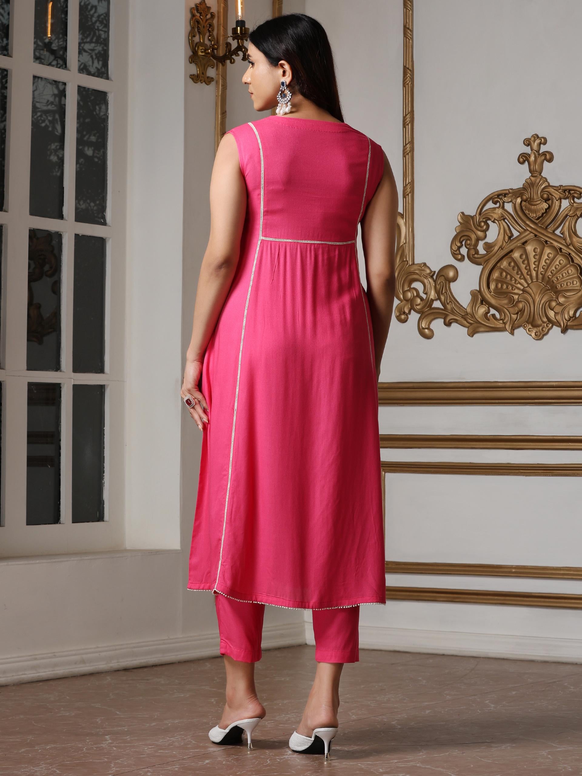 Women’s Pink Sleeveless Suit Set with Pant | 2 Pc Set, Paneled Design, Lace Detailing, Sleeveless, Festive Party Wear (Viscose Breathable Soft Natural Fabric)