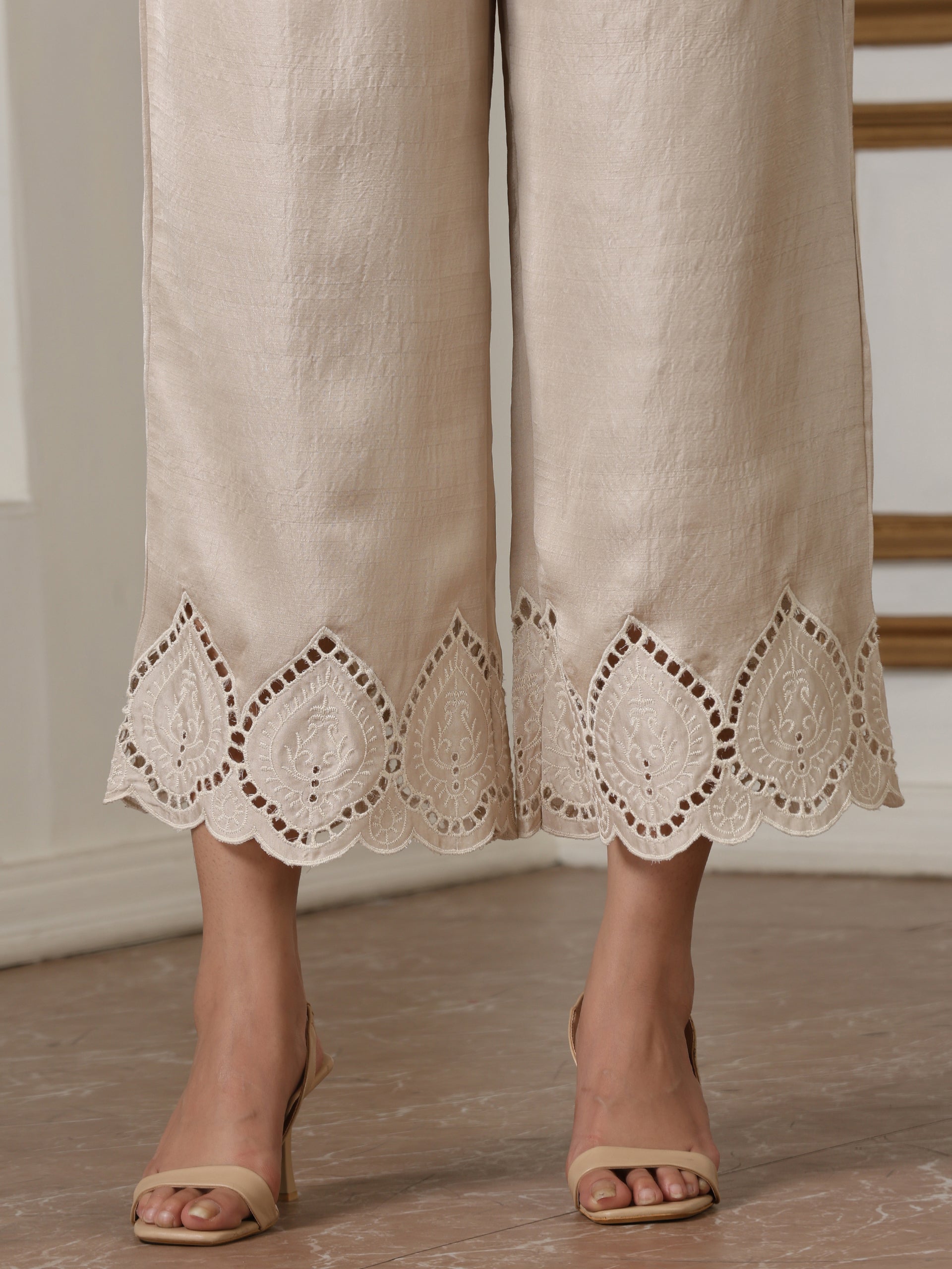 Women’s Cream Suit Set with Pant | 2 Pc Set, A-Line, Swiss Embroidery Front Panel, Party Wear, Casual (PRF'T Lux Duchess Satin Fabric)