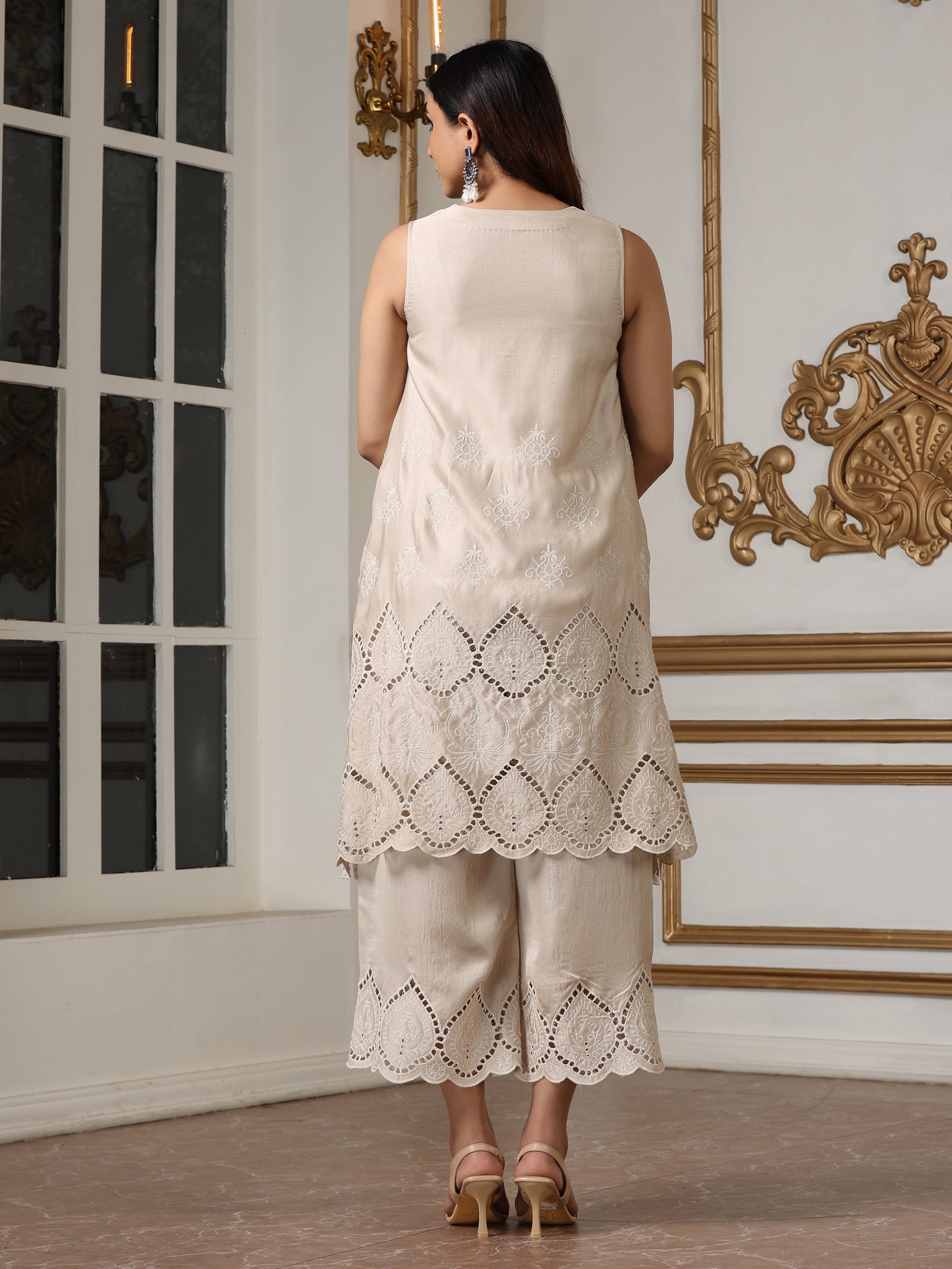 Women’s Cream Suit Set with Pant | 2 Pc Set, A-Line, Swiss Embroidery, Sleeveless, Work Wear, Casual (PRF'T Lux Duchess Satin Fabric)
