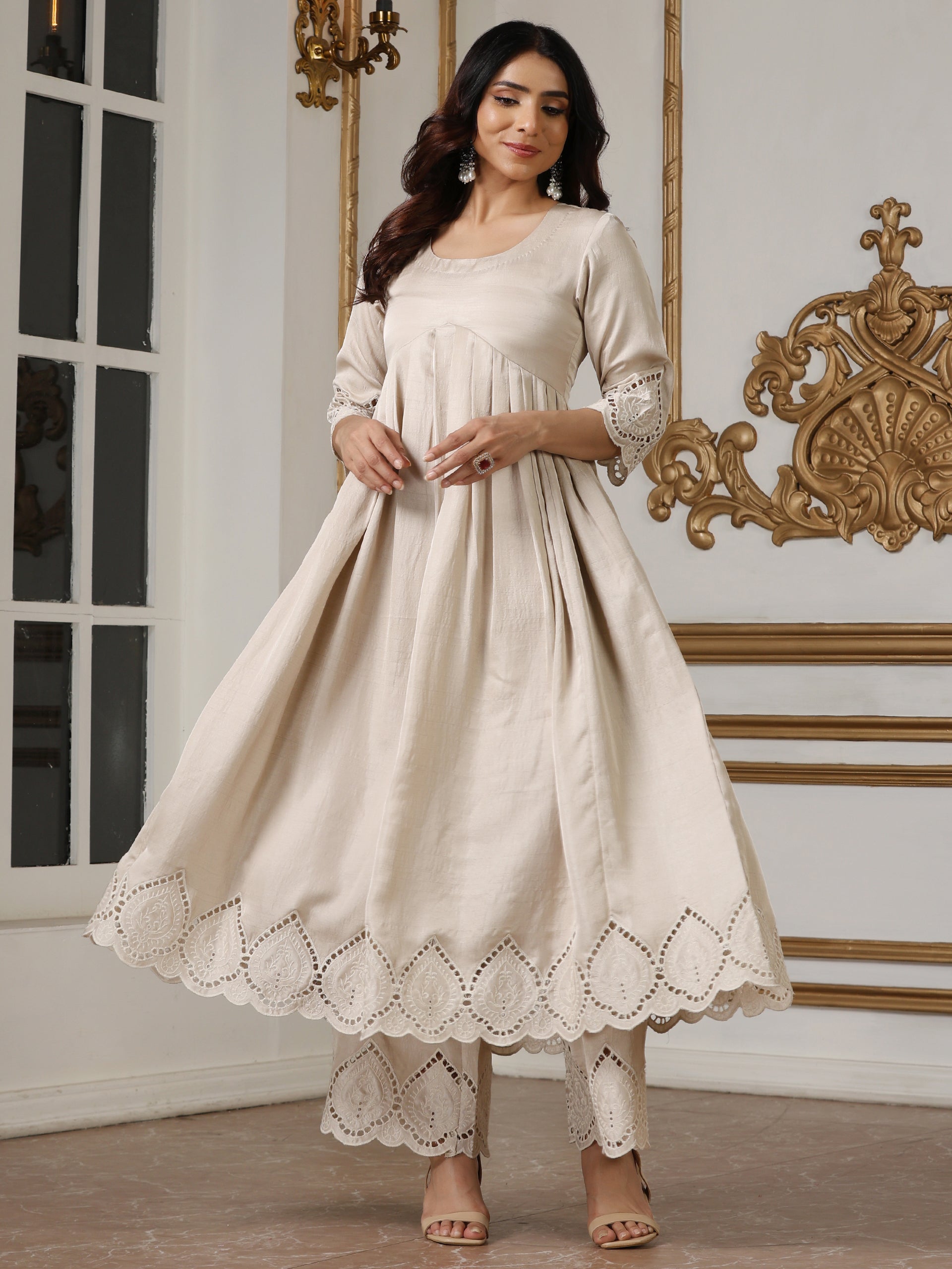 Women’s Cream Suit Set with Pant | 2 Pc Set, A-Line, Swiss Embroidery Front Panel, Party Wear, Casual (PRF'T Lux Duchess Satin Fabric)