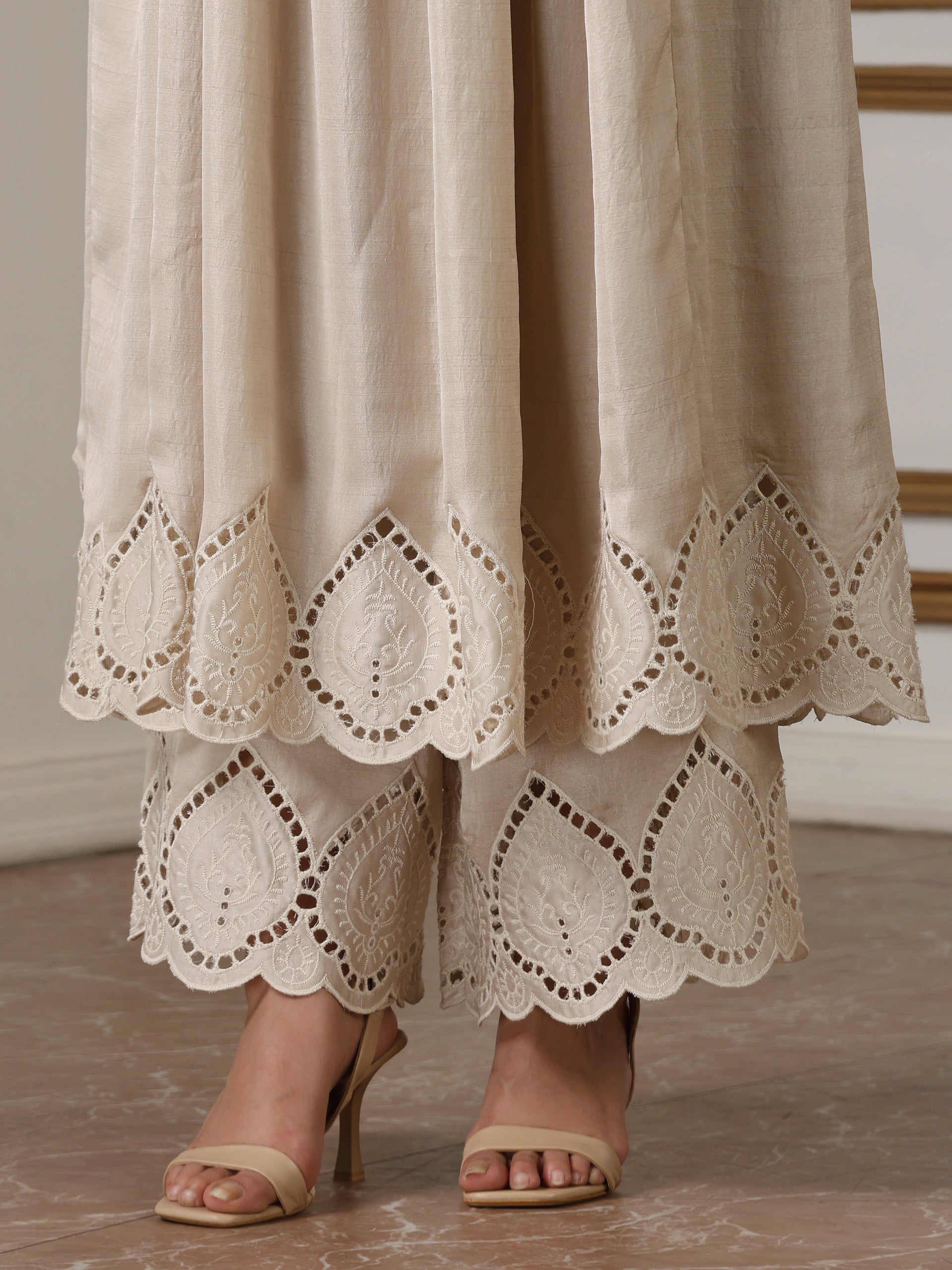 Women’s Cream Suit Set with Pant | 2 Pc Set, A-Line, Swiss Embroidery Front Panel, Party Wear, Casual (PRF'T Lux Duchess Satin Fabric)