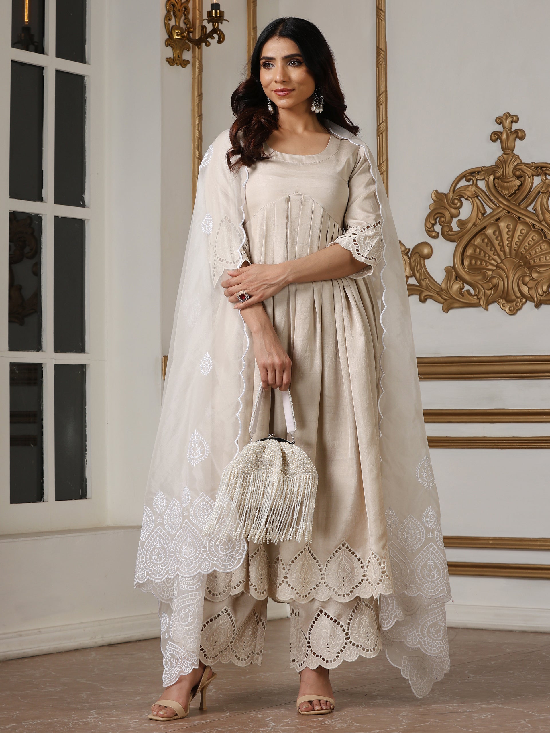 Women’s Cream Suit Set with Pant | 2 Pc Set, A-Line, Swiss Embroidery Front Panel, Party Wear, Casual (PRF'T Lux Duchess Satin Fabric)
