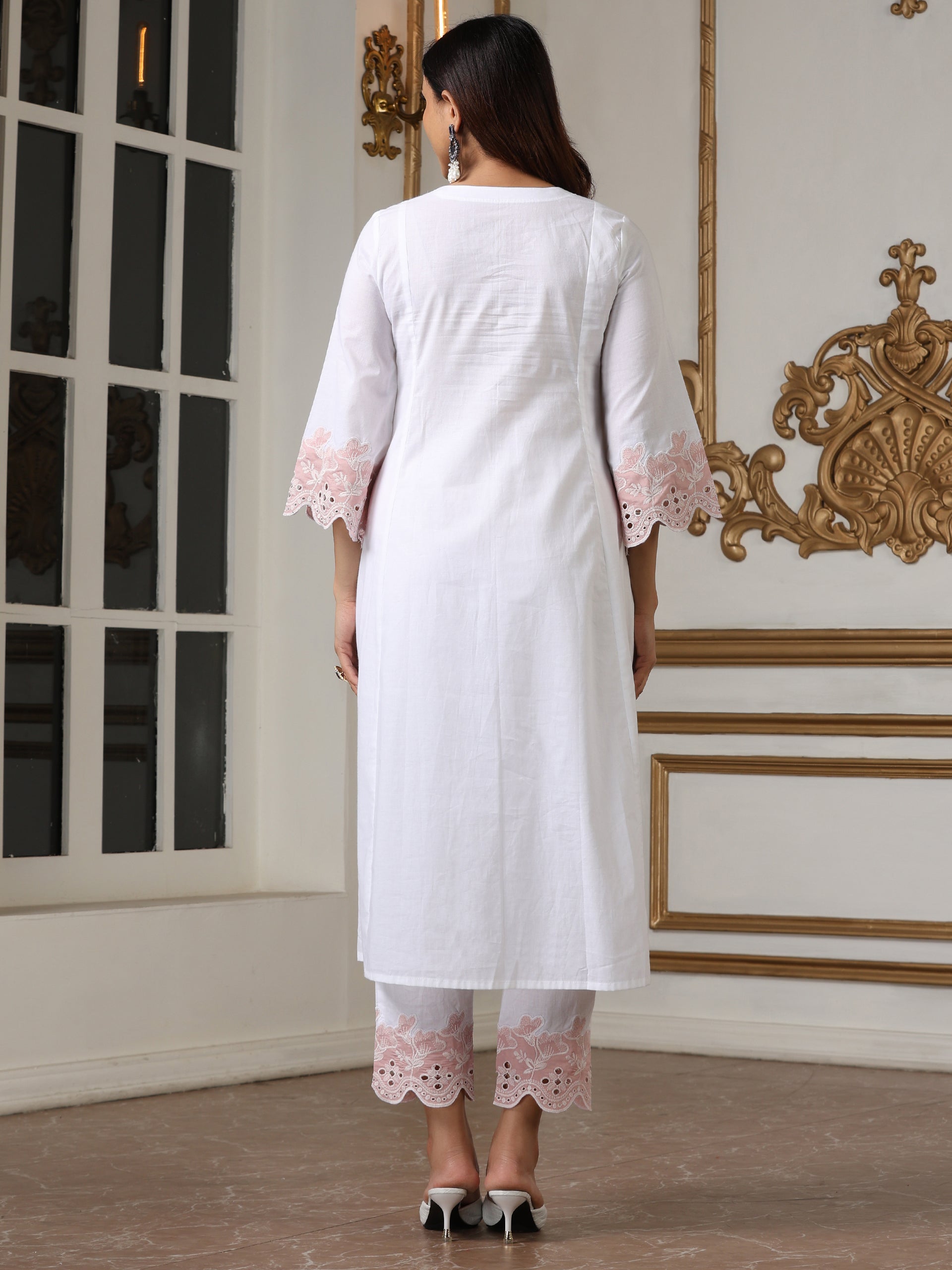 Women’s White Pink Schffli Kurta | 1 Pc, Schiffli Swiss Embroidery on Sleeve,  Work Wear, Casual (100% Cotton Cambric Extra Soft Breathable Fabric)