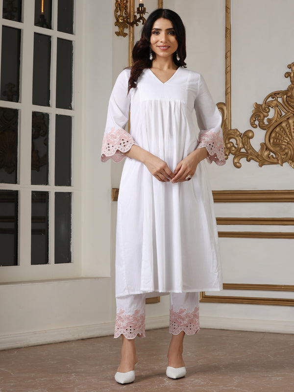 Women’s White Pink Schffli Kurta | 1 Pc, Schiffli Swiss Embroidery on Sleeve,  Work Wear, Casual (100% Cotton Cambric Extra Soft Breathable Fabric)