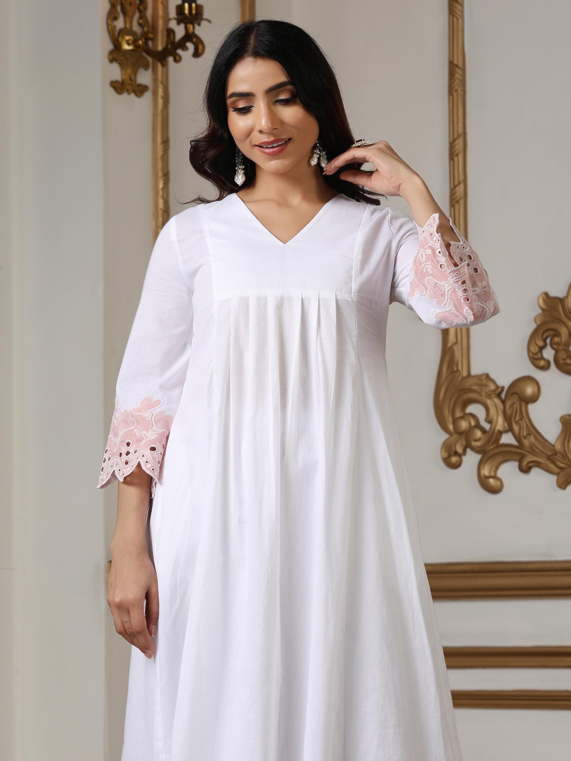 Women’s White Suit Set with Pant | 2 Pc Set, Paneled Design, Schiffli Embroidery on Hem, 3/4th Sleeves, Work Wear , Casual Wear(100% Cotton Cambric Extra Soft Breathable Fabric)