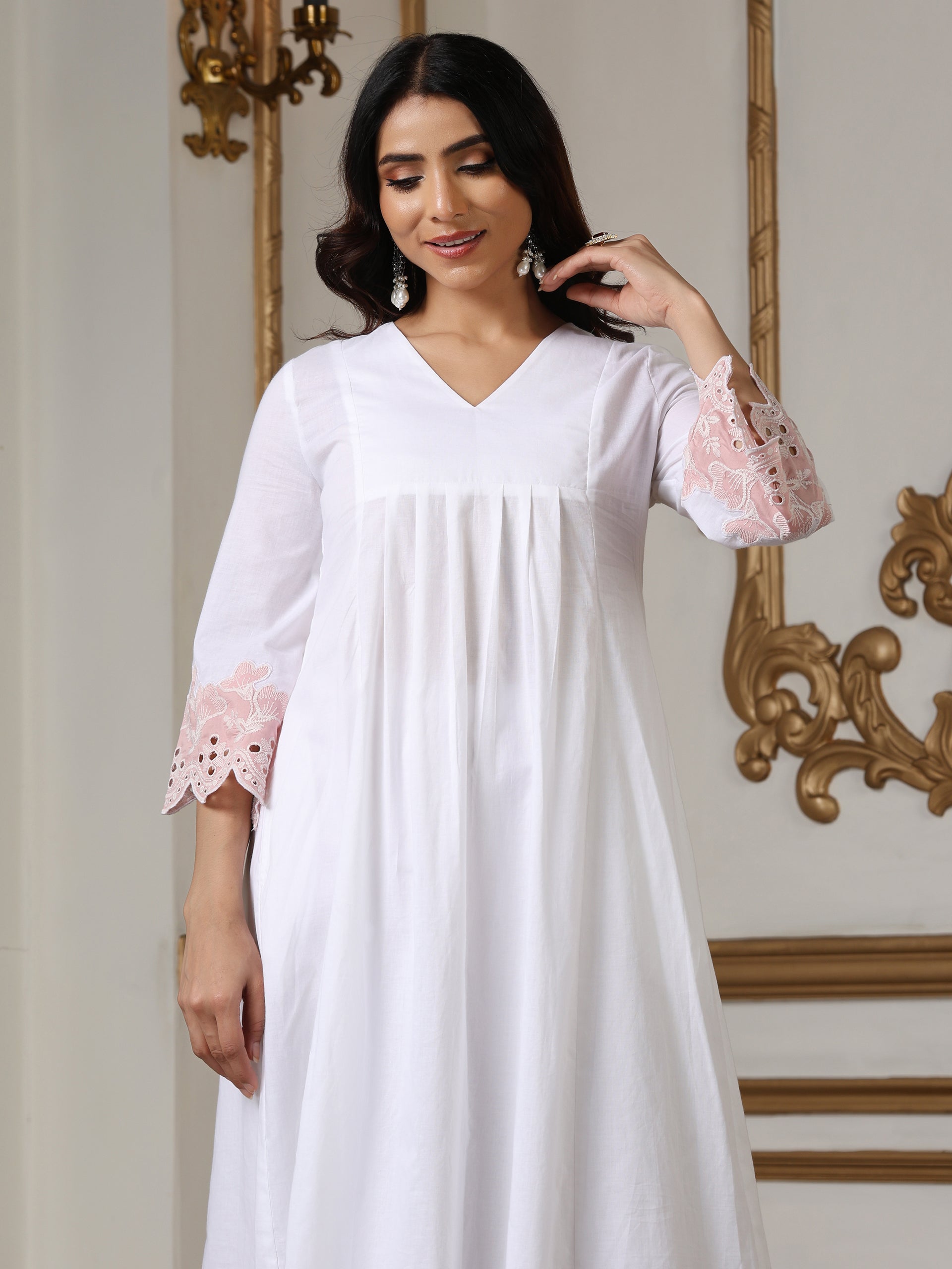 Women’s White Pink Schffli Kurta | 1 Pc, Schiffli Swiss Embroidery on Sleeve,  Work Wear, Casual (100% Cotton Cambric Extra Soft Breathable Fabric)