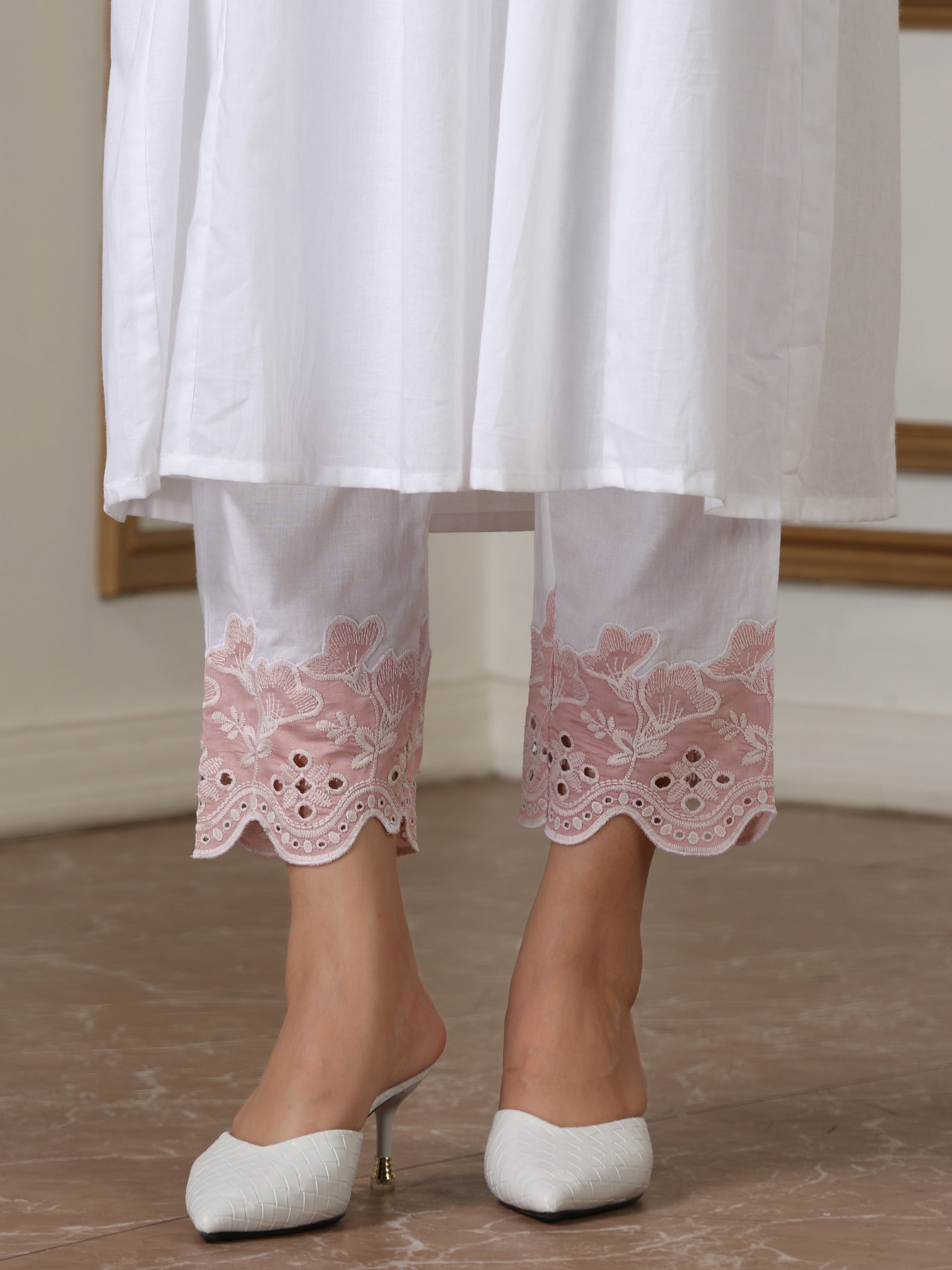 Women’s White Pink Schffli Kurta | 1 Pc, Schiffli Swiss Embroidery on Sleeve,  Work Wear, Casual (100% Cotton Cambric Extra Soft Breathable Fabric)