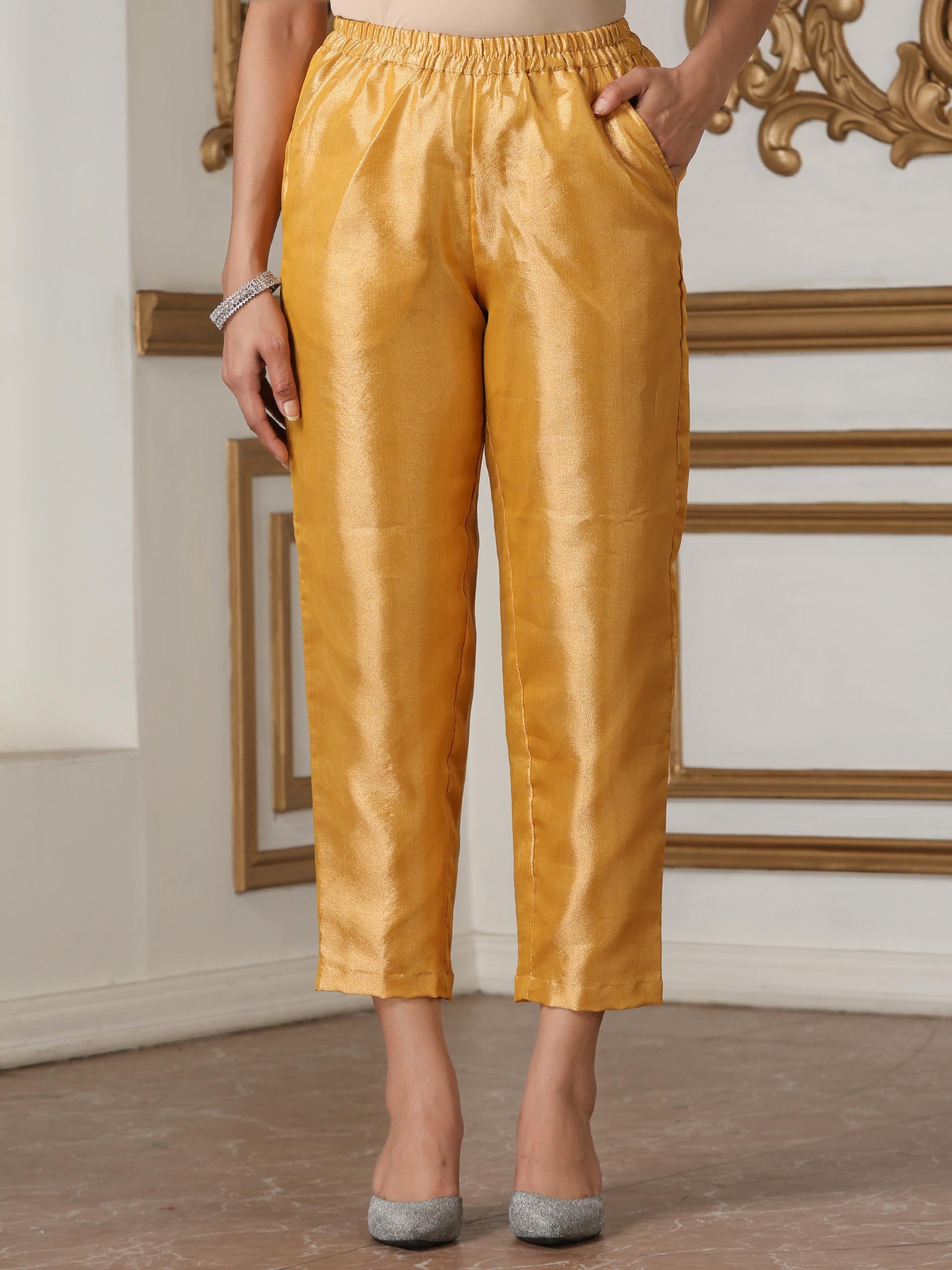 Women’s Banarasi Haldi Suit Set with Pant | 2 Pc Set, Banarasi Tissue Fabric, Hand Embroidery & Bead Detailing, 3/4th Sleeves, Festive Party Wear