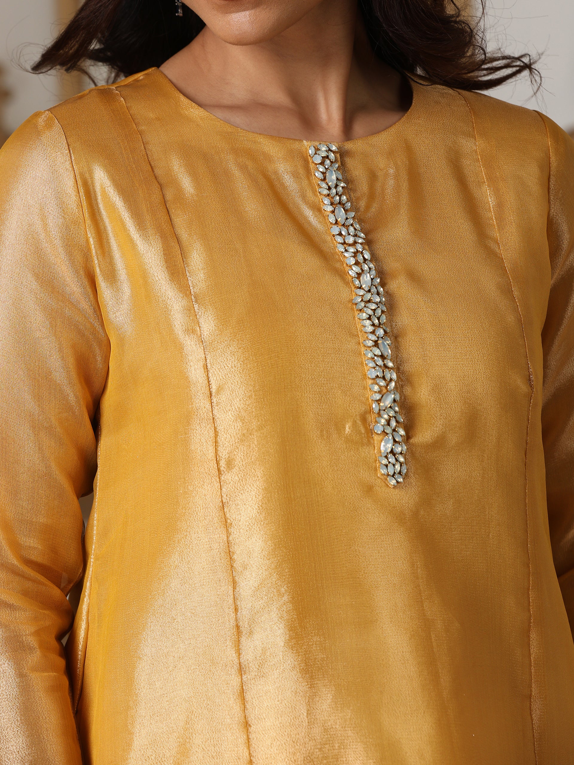 Women’s Banarasi Haldi Suit Set with Pant | 2 Pc Set, Banarasi Tissue Fabric, Hand Embroidery & Bead Detailing, 3/4th Sleeves, Festive Party Wear