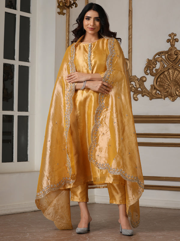 Women’s Banarasi Haldi Suit Set with Pant | 2 Pc Set, Banarasi Tissue Fabric, Hand Embroidery & Bead Detailing, 3/4th Sleeves, Festive Party Wear