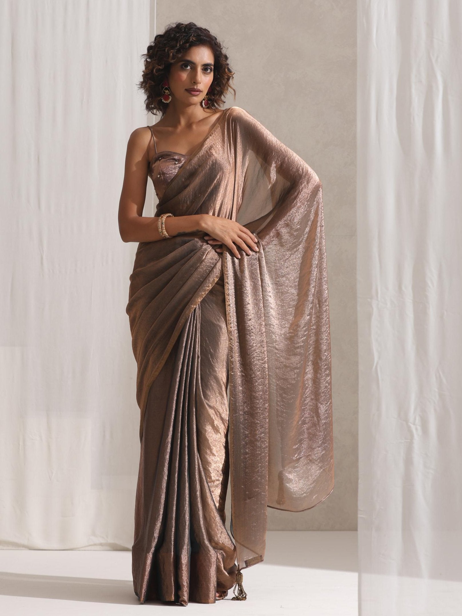 Copper Blue Metallic Satin Saree with Beaded Blouse Fabric