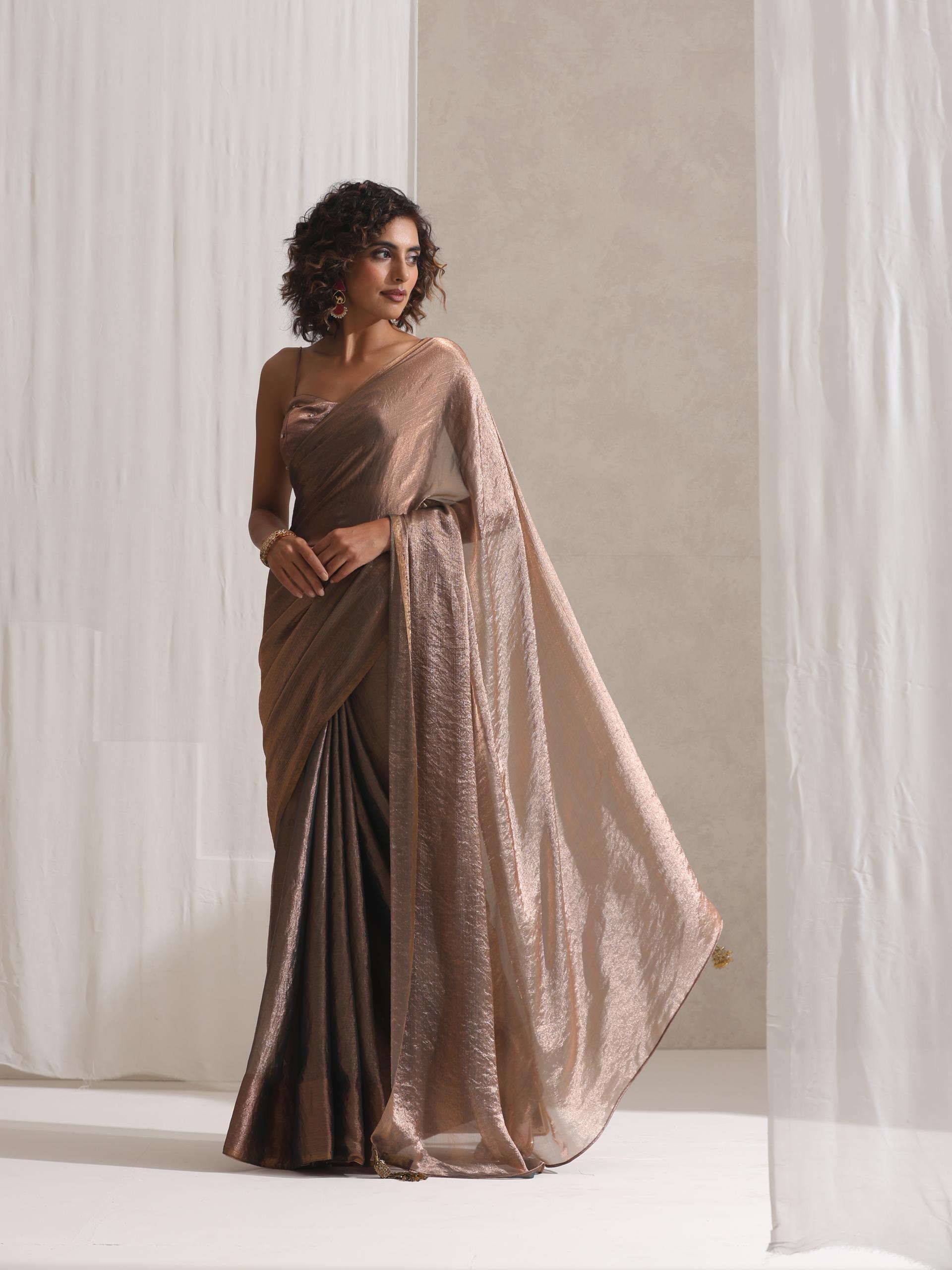 Copper Blue Metallic Satin Saree with Beaded Blouse Fabric
