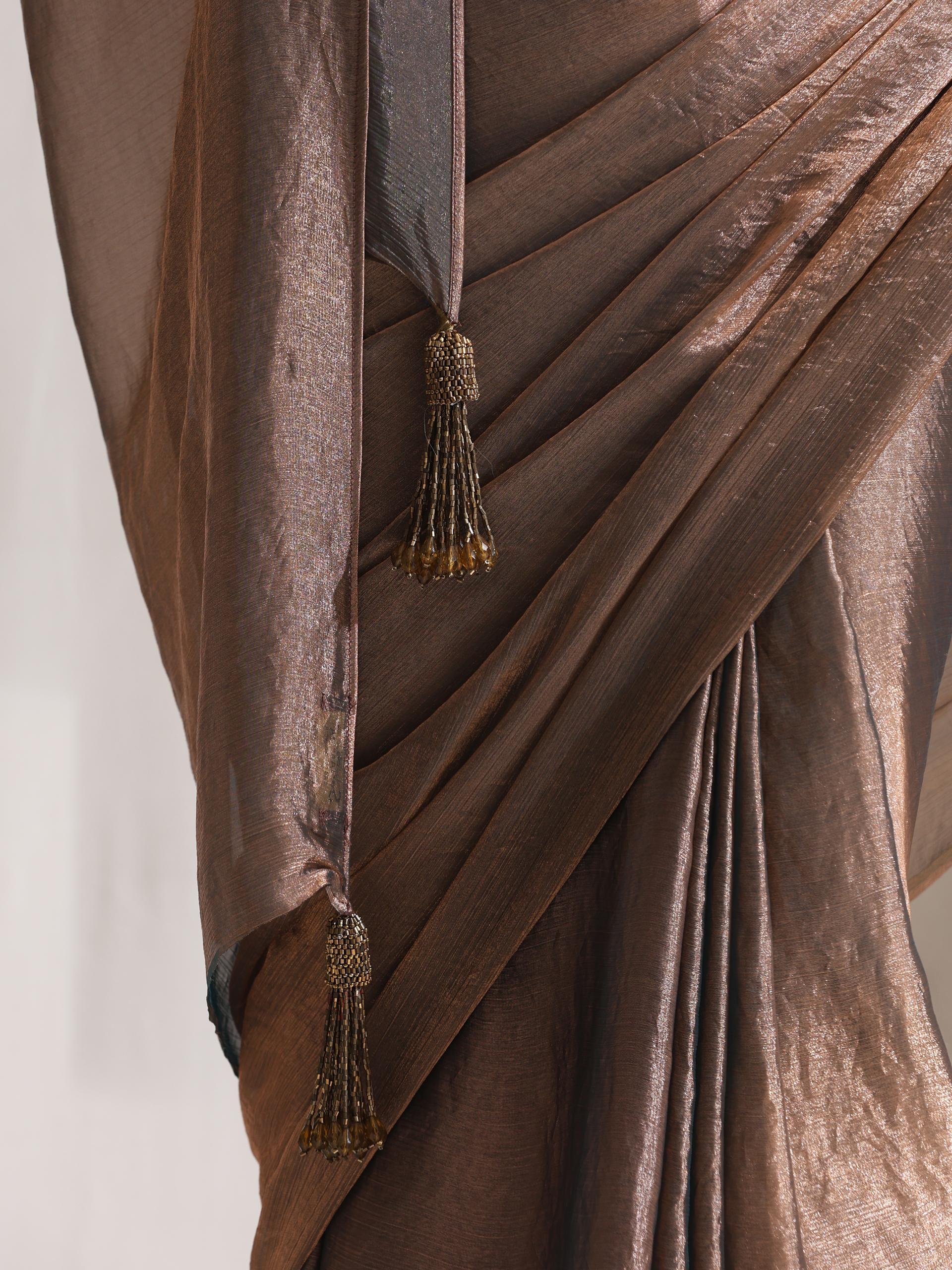Copper Blue Metallic Satin Saree with Beaded Blouse Fabric