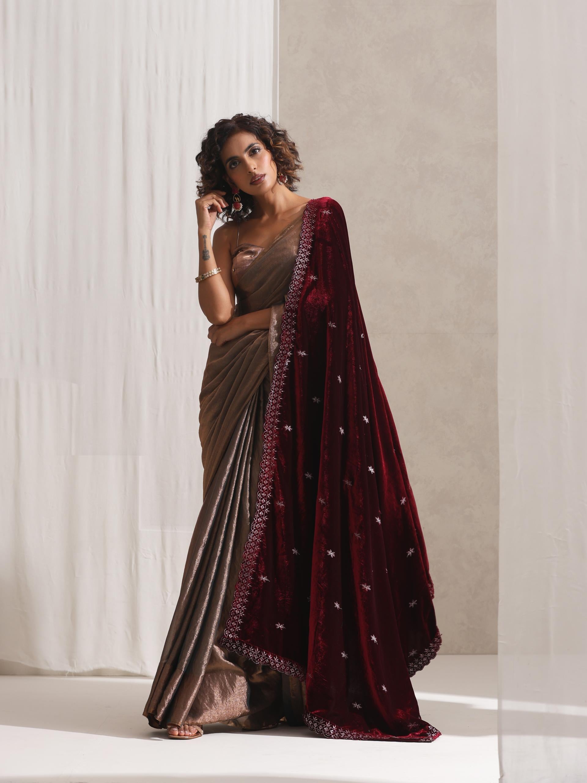 Copper Blue Metallic Satin Saree with Beaded Blouse Fabric