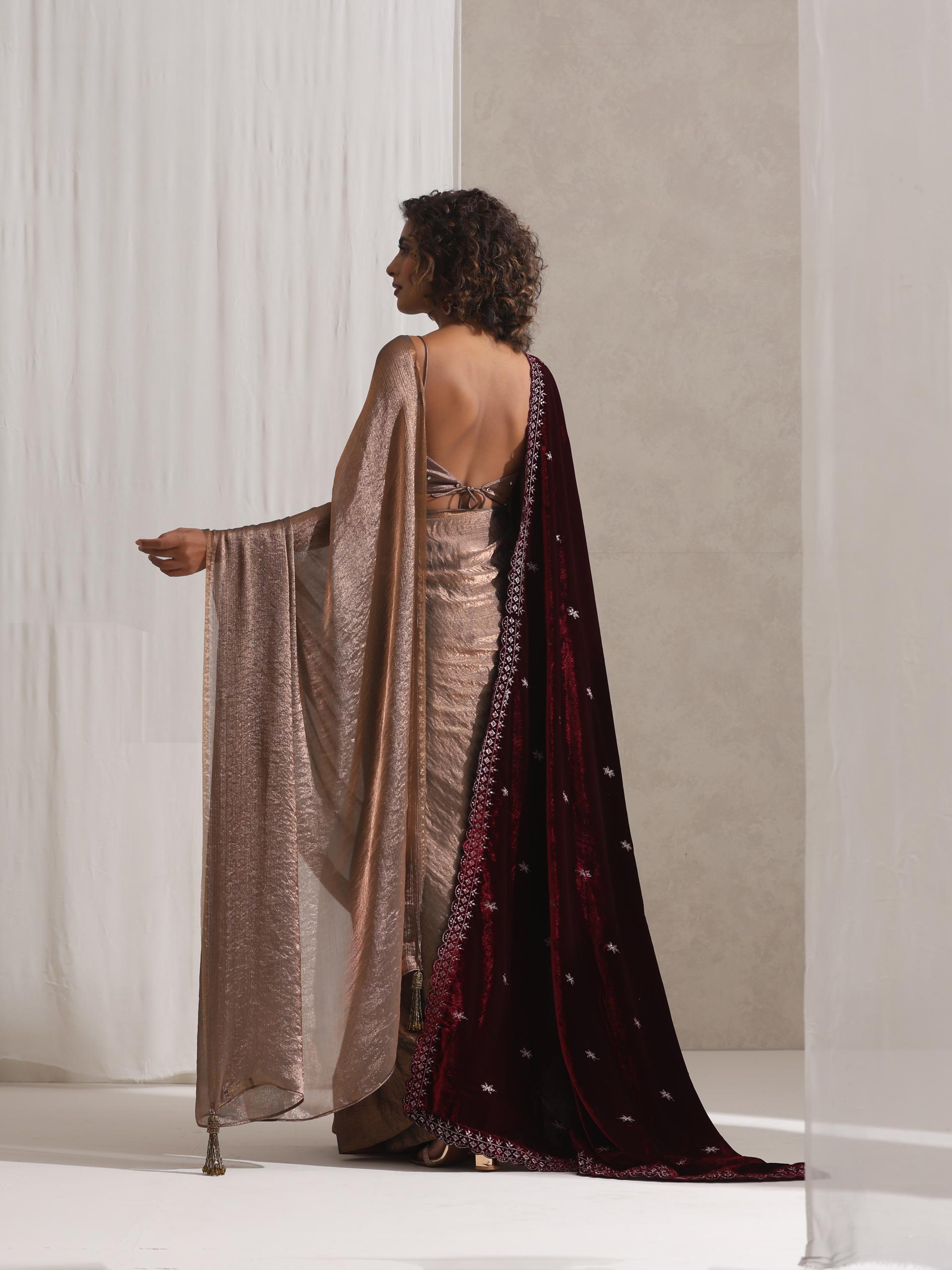 Copper Blue Metallic Satin Saree with Beaded Blouse Fabric