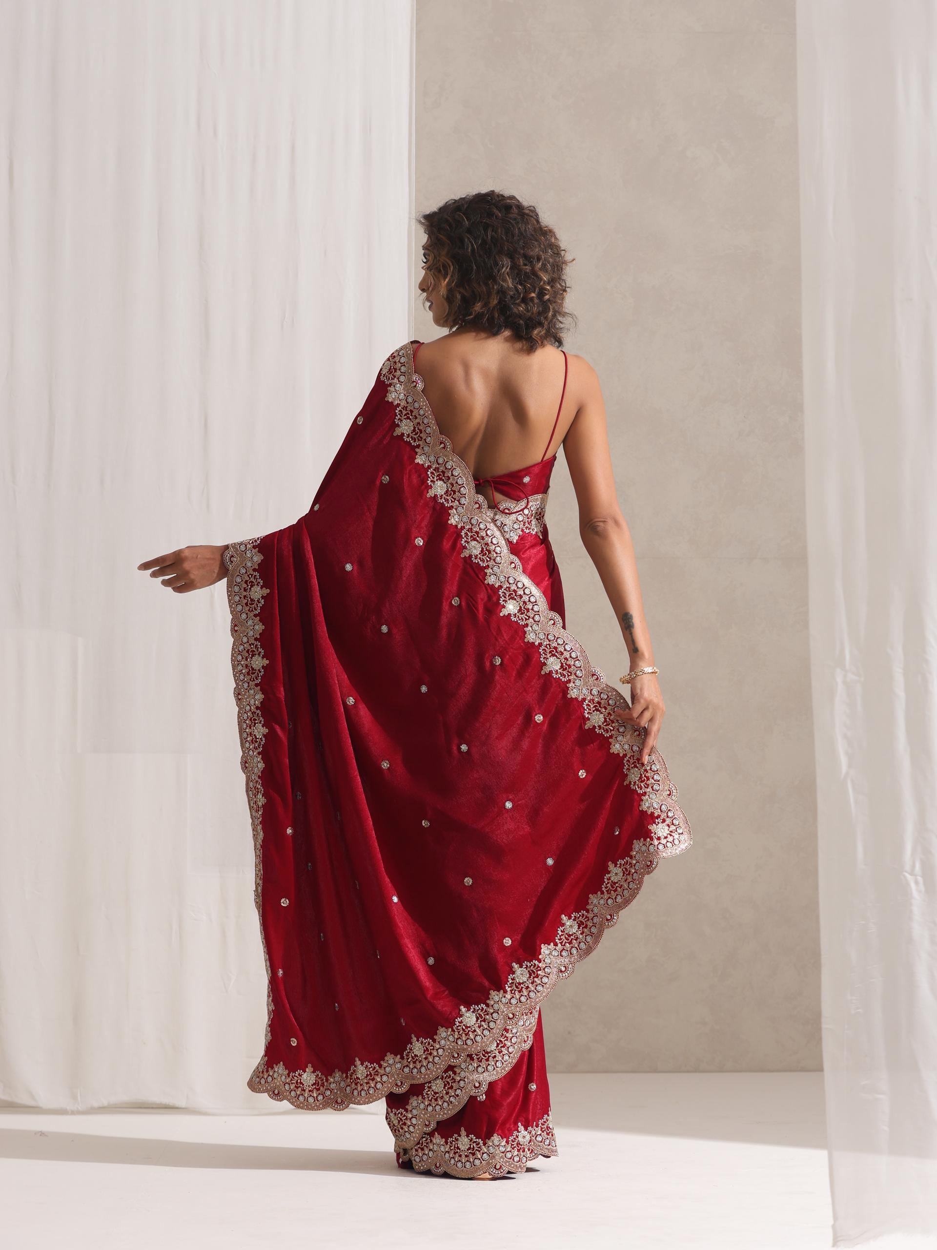 Lacquered Red Posh Velvety Saree with Embroidery and Blouse Fabric