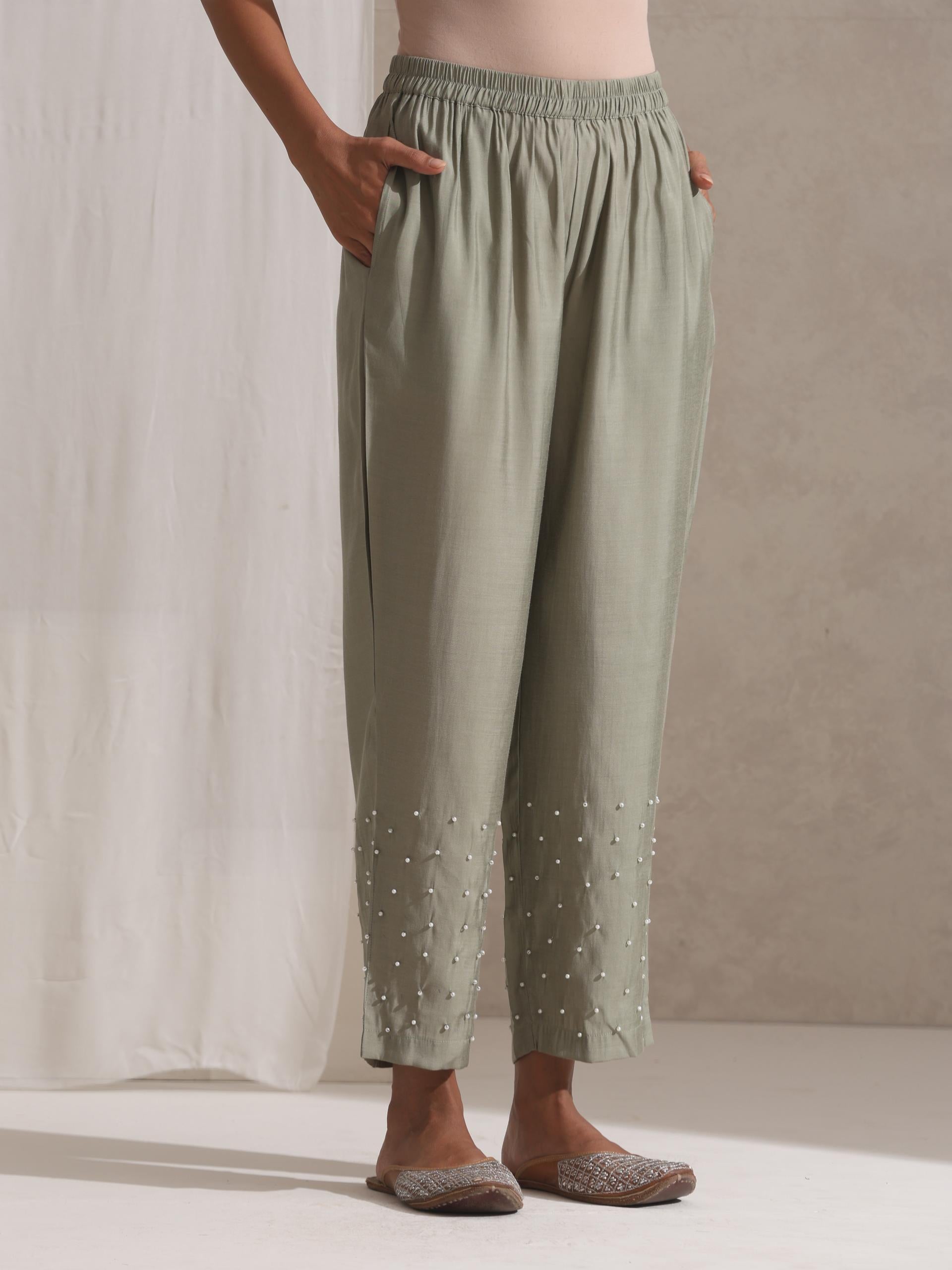 Women's Sage Kurta and Pyjama with Pearl Embroidery 2 Piece Set | Straight Fit, V Neck, 3/4 Sleeves, Pyjama, Work Wear, (AirSkin Cotton Silk Blend)