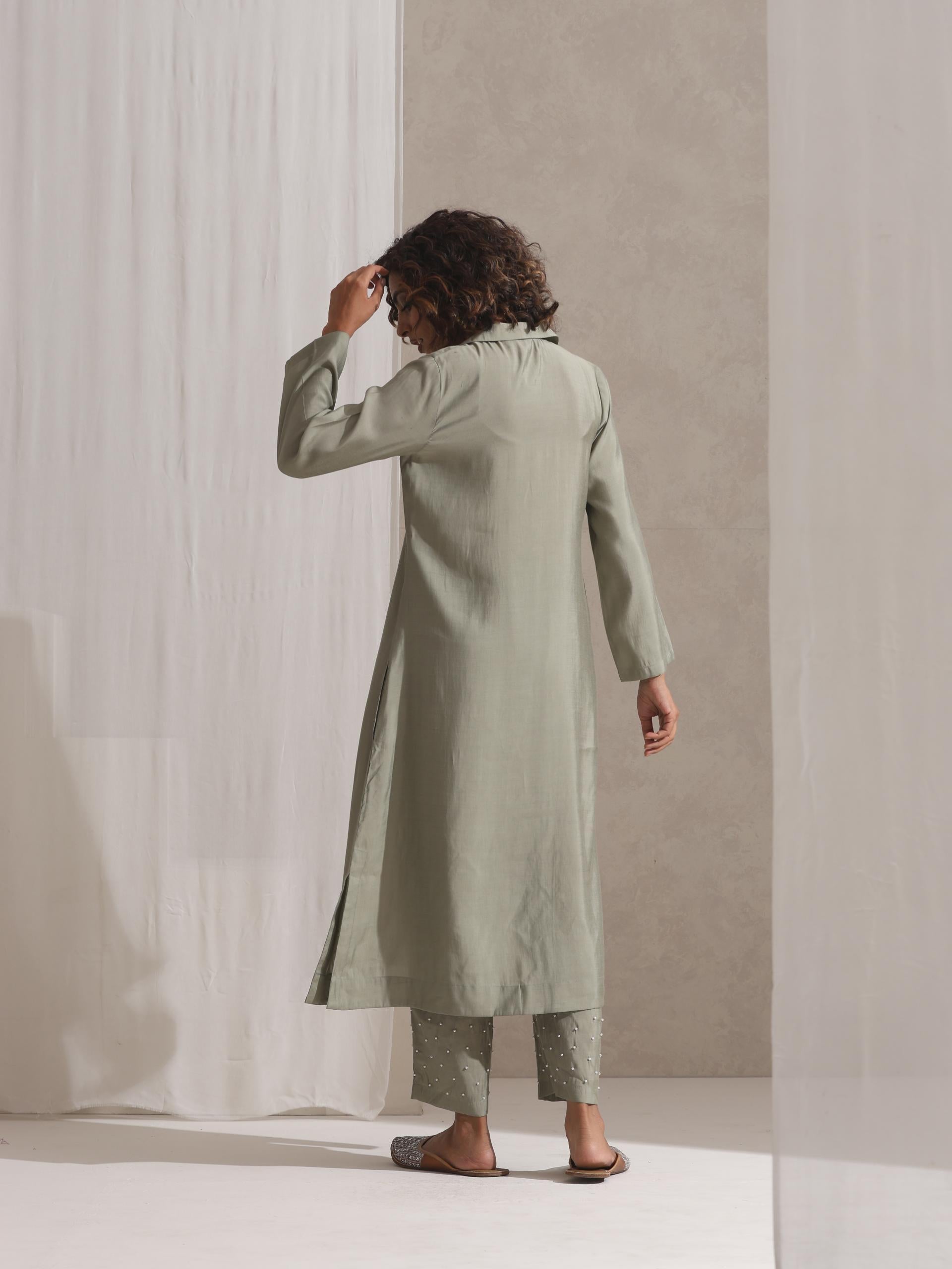 Women's Sage Kurta and Pyjama with Pearl Embroidery 2 Piece Set | Straight Fit, V Neck, 3/4 Sleeves, Pyjama, Work Wear, (AirSkin Cotton Silk Blend)