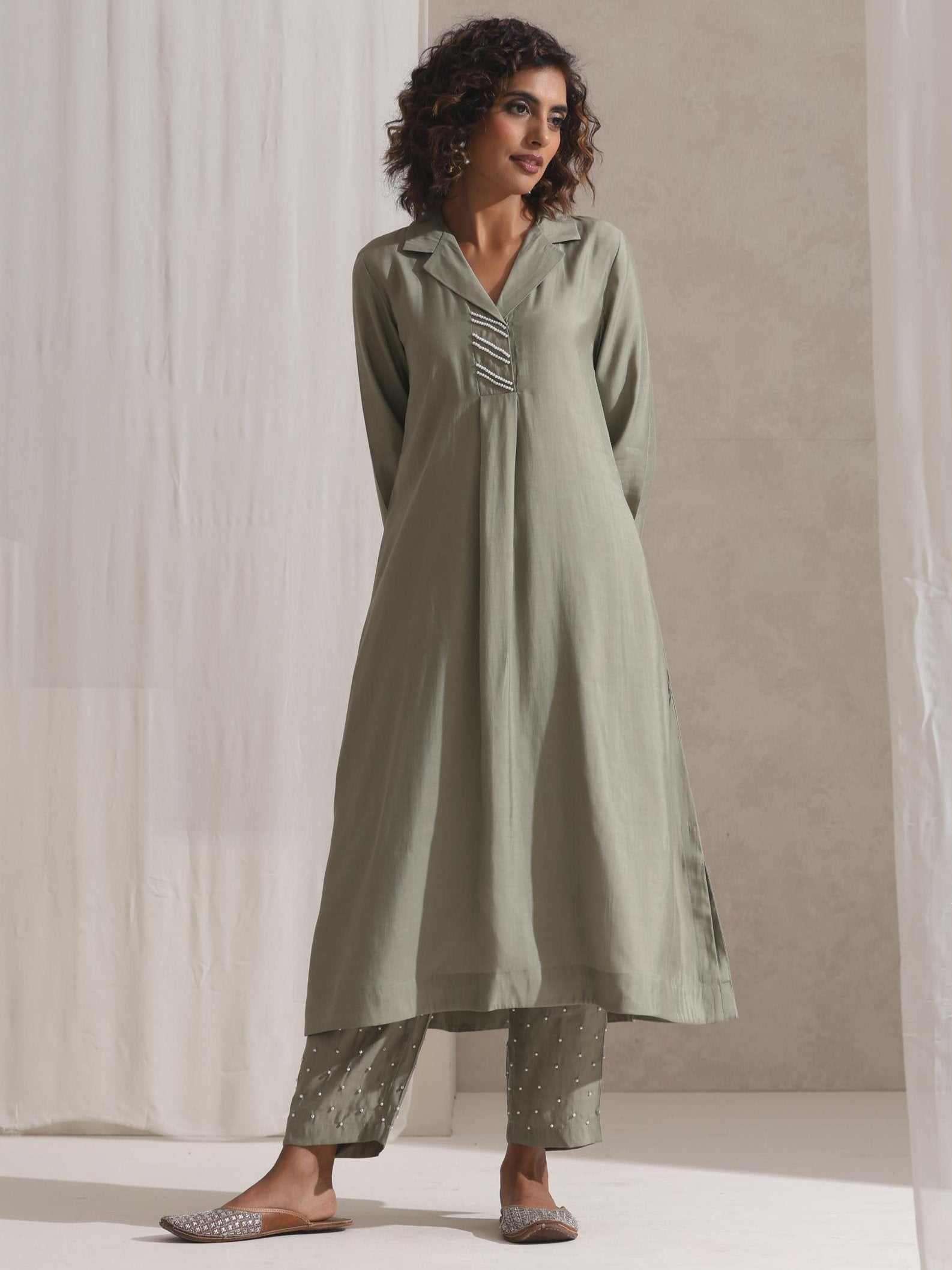 Women's Sage Kurta and Pyjama with Pearl Embroidery 2 Piece Set | Straight Fit, V Neck, 3/4 Sleeves, Pyjama, Work Wear, (AirSkin Cotton Silk Blend)
