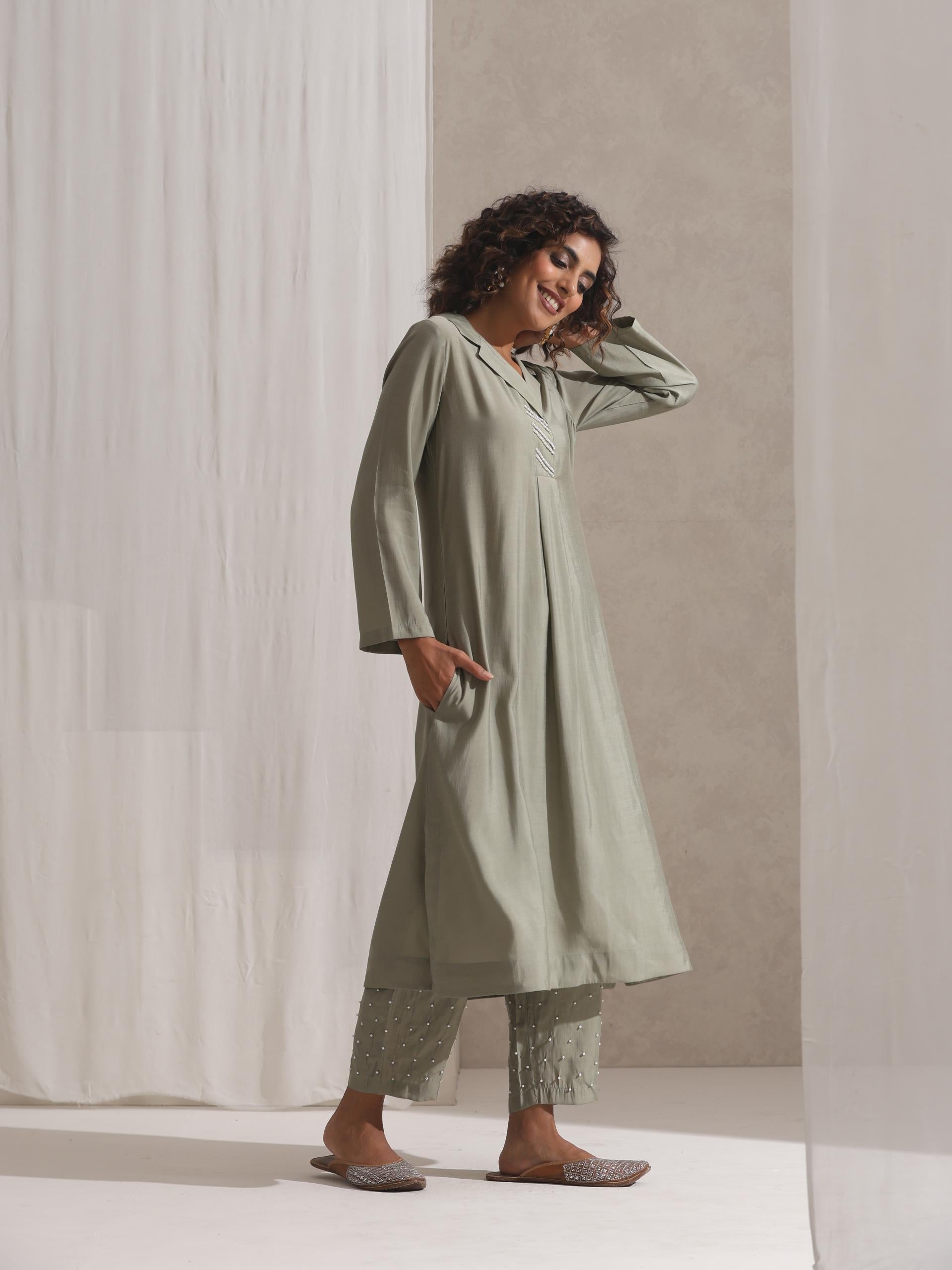 Women's Sage Kurta and Pyjama with Pearl Embroidery 2 Piece Set | Straight Fit, V Neck, 3/4 Sleeves, Pyjama, Work Wear, (AirSkin Cotton Silk Blend)