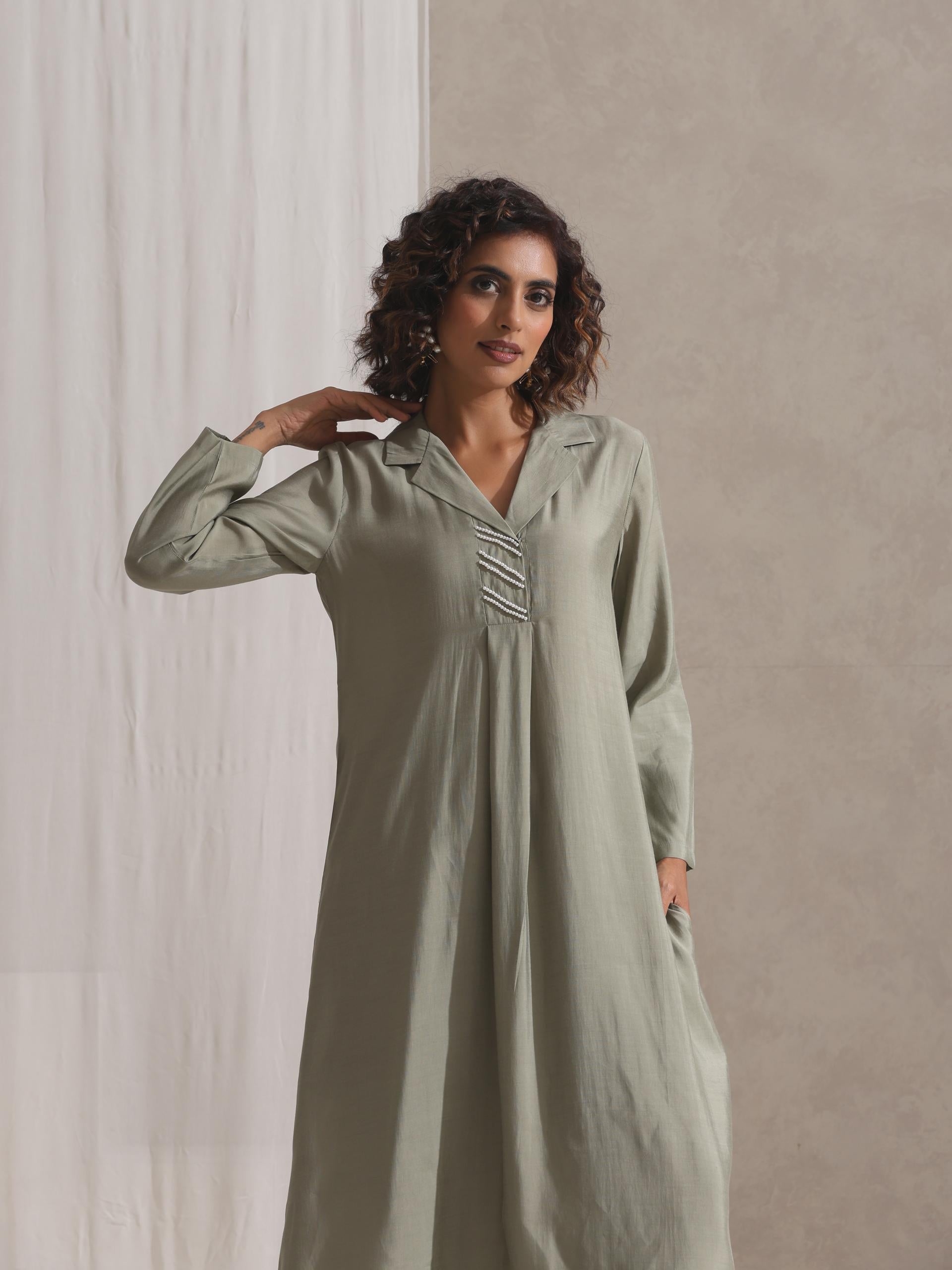 Women's Sage Kurta and Pyjama with Pearl Embroidery 2 Piece Set | Straight Fit, V Neck, 3/4 Sleeves, Pyjama, Work Wear, (AirSkin Cotton Silk Blend)