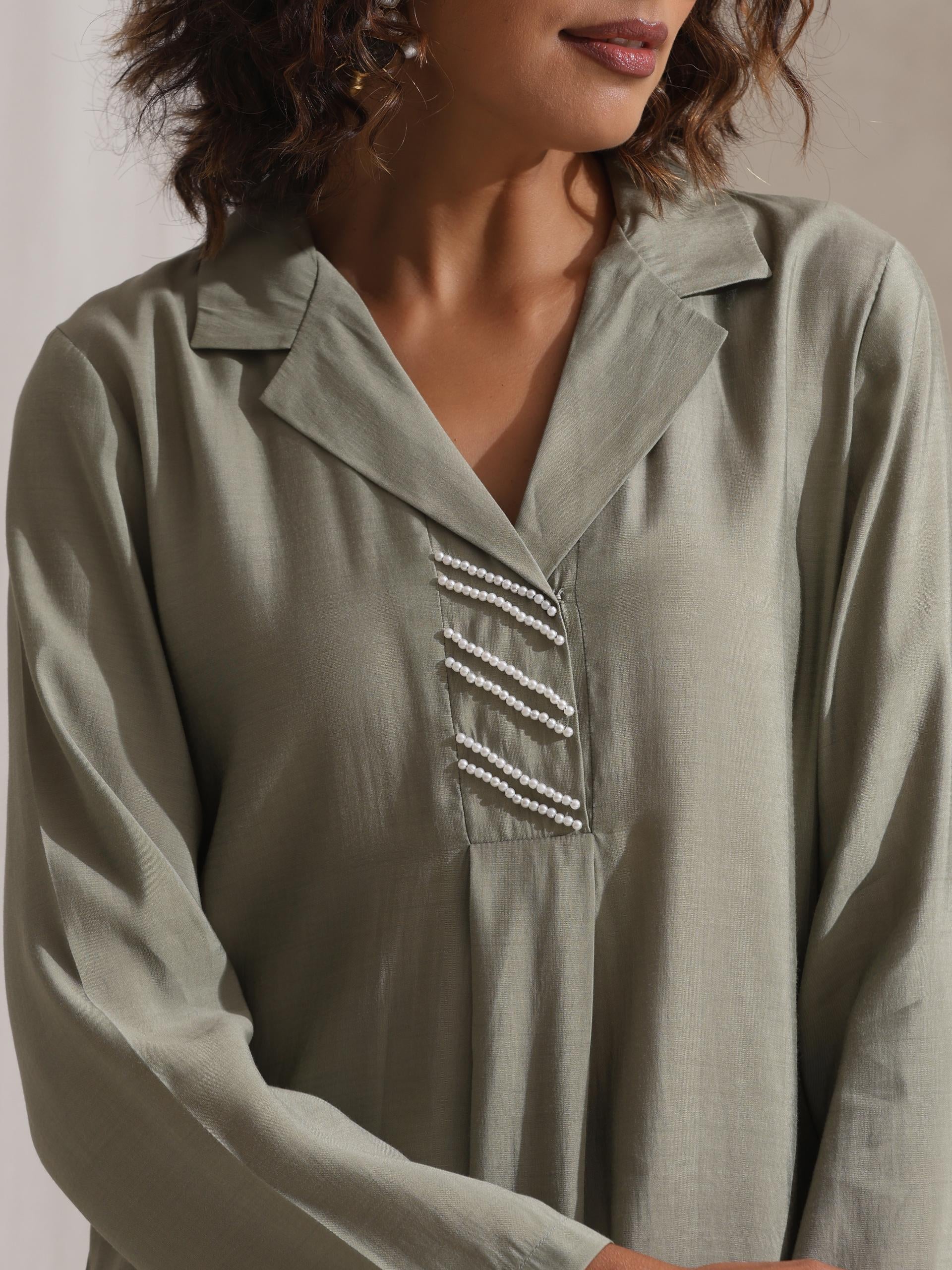 Women's Sage Kurta and Pyjama with Pearl Embroidery 2 Piece Set | Straight Fit, V Neck, 3/4 Sleeves, Pyjama, Work Wear, (AirSkin Cotton Silk Blend)