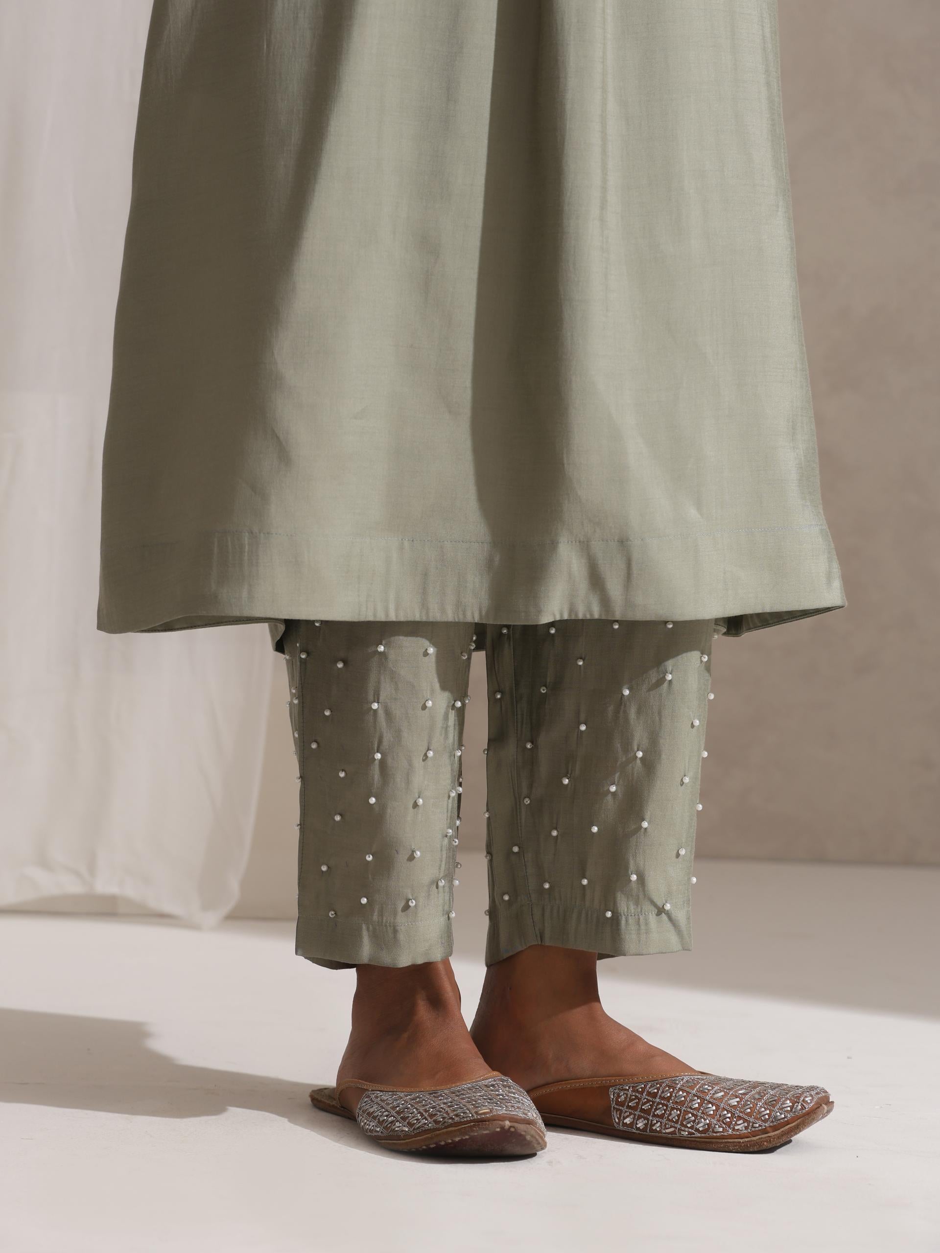 Women's Sage Kurta and Pyjama with Pearl Embroidery 2 Piece Set | Straight Fit, V Neck, 3/4 Sleeves, Pyjama, Work Wear, (AirSkin Cotton Silk Blend)