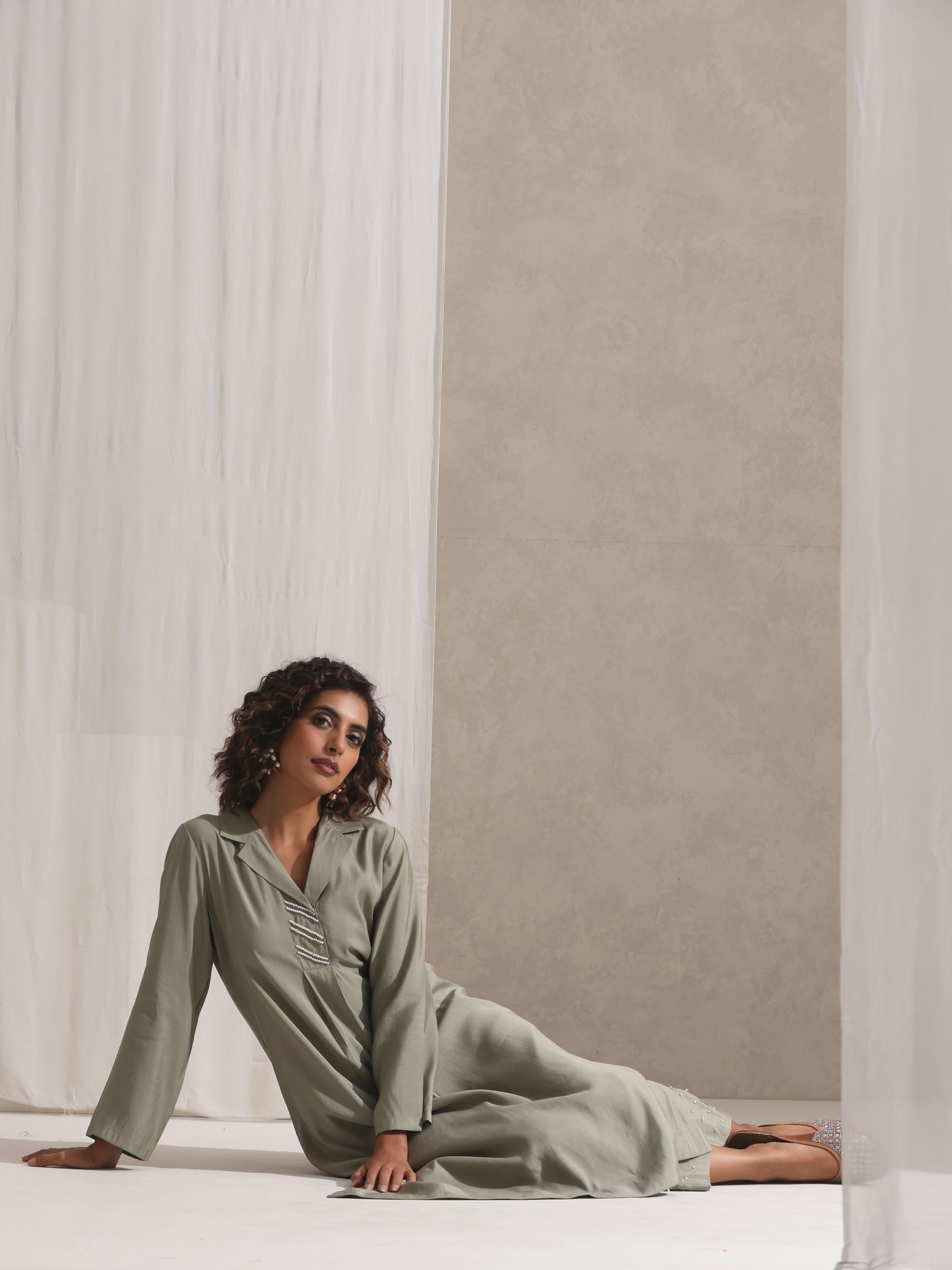 Women's Sage Kurta and Pyjama with Pearl Embroidery 2 Piece Set | Straight Fit, V Neck, 3/4 Sleeves, Pyjama, Work Wear, (AirSkin Cotton Silk Blend)