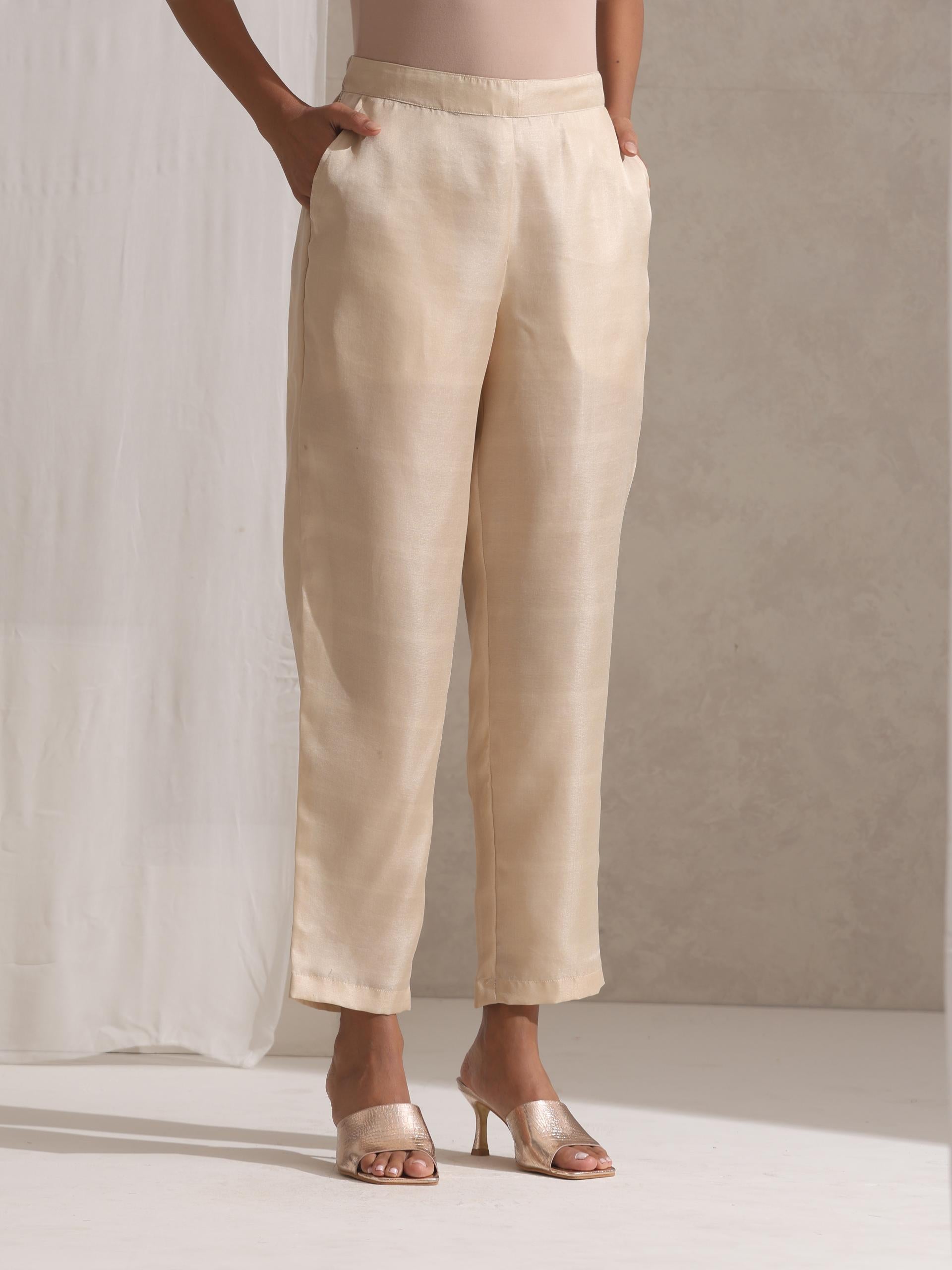 Women's Rust Varanasi Silk Woven Collar Kurta with Cream Pant 2 Piece Set | Straight Fit, Collar Neck, Full Sleeves, Pants, Workwear, (Varanasi Silk)