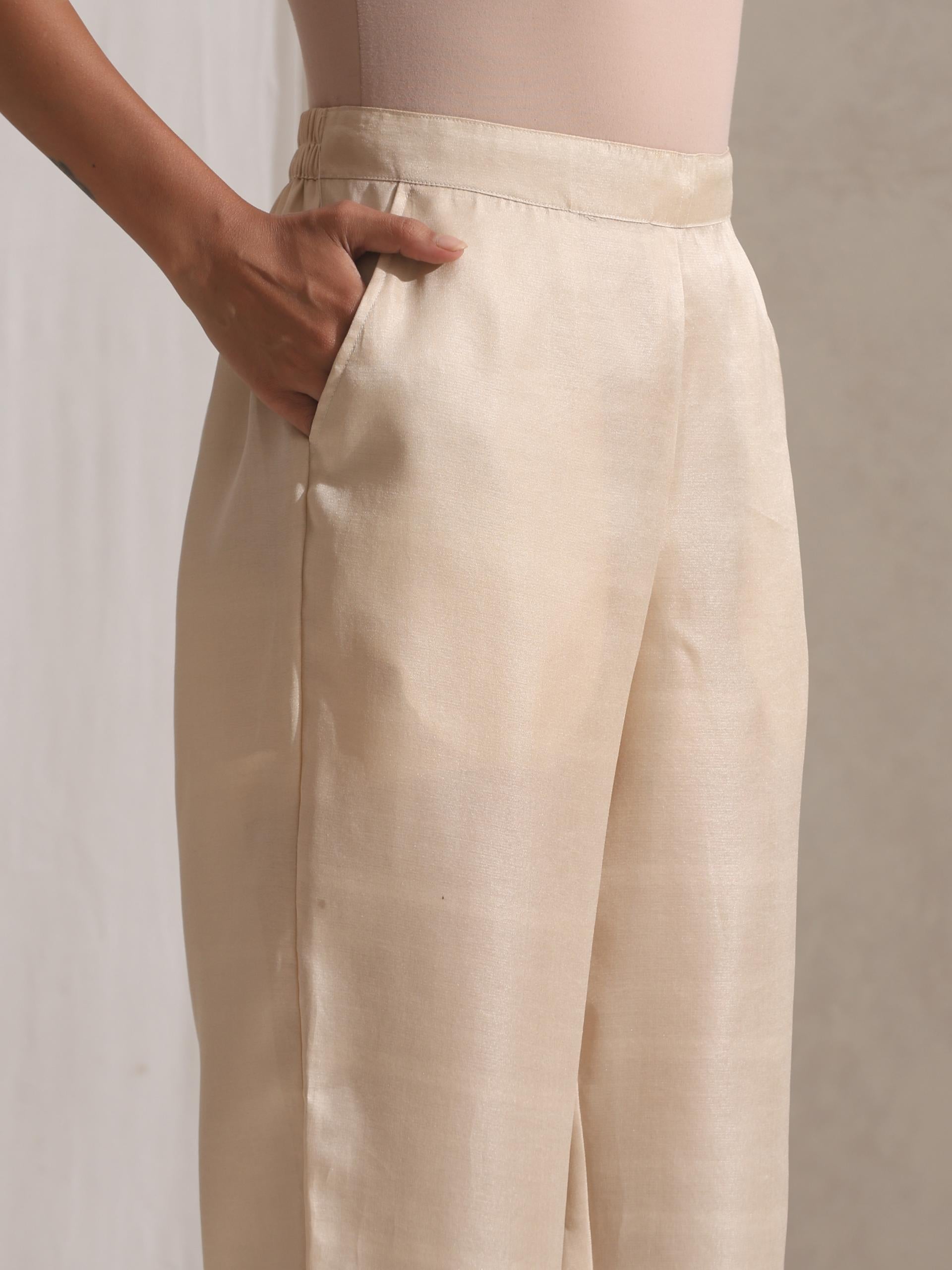 Women's Rust Varanasi Silk Woven Collar Kurta with Cream Pant 2 Piece Set | Straight Fit, Collar Neck, Full Sleeves, Pants, Workwear, (Varanasi Silk)