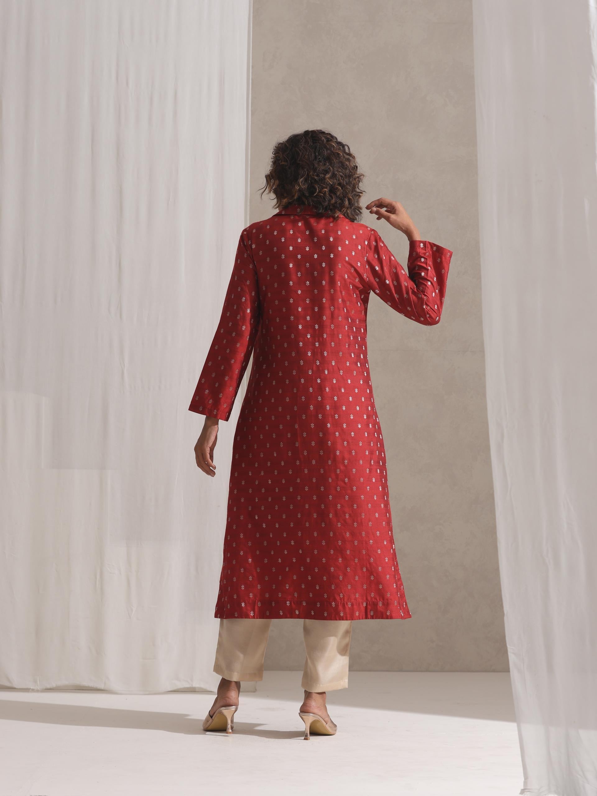 Women's Rust Varanasi Silk Woven Collar Kurta with Cream Pant 2 Piece Set | Straight Fit, Collar Neck, Full Sleeves, Pants, Workwear, (Varanasi Silk)